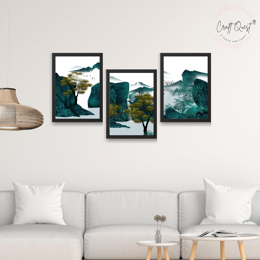 CRAFT QUEST Modern Art Ink Landscape Wall Art | Set of 3 Frames for Home Decoration | Ideal for Living Room, Bedroom & Offices