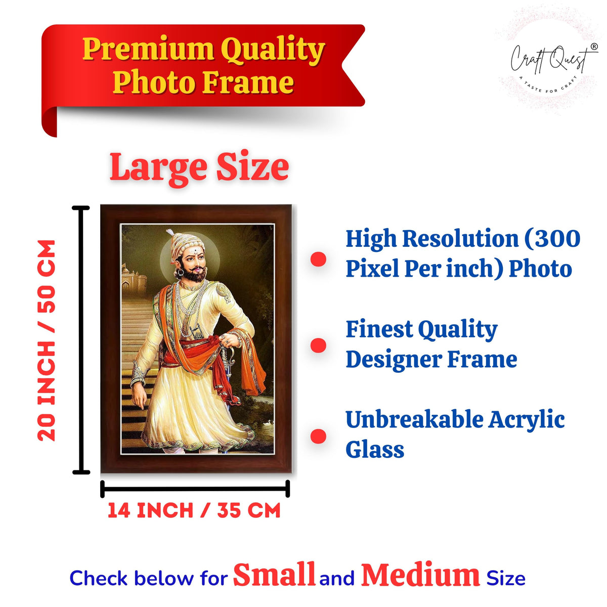 CRAFT QUEST Chattrapati Shivaji Maharaj Wall Photo Frame With Acrylic Sheet | For Living, Pooja Room | Home Decoration Item | Best Gifting Option