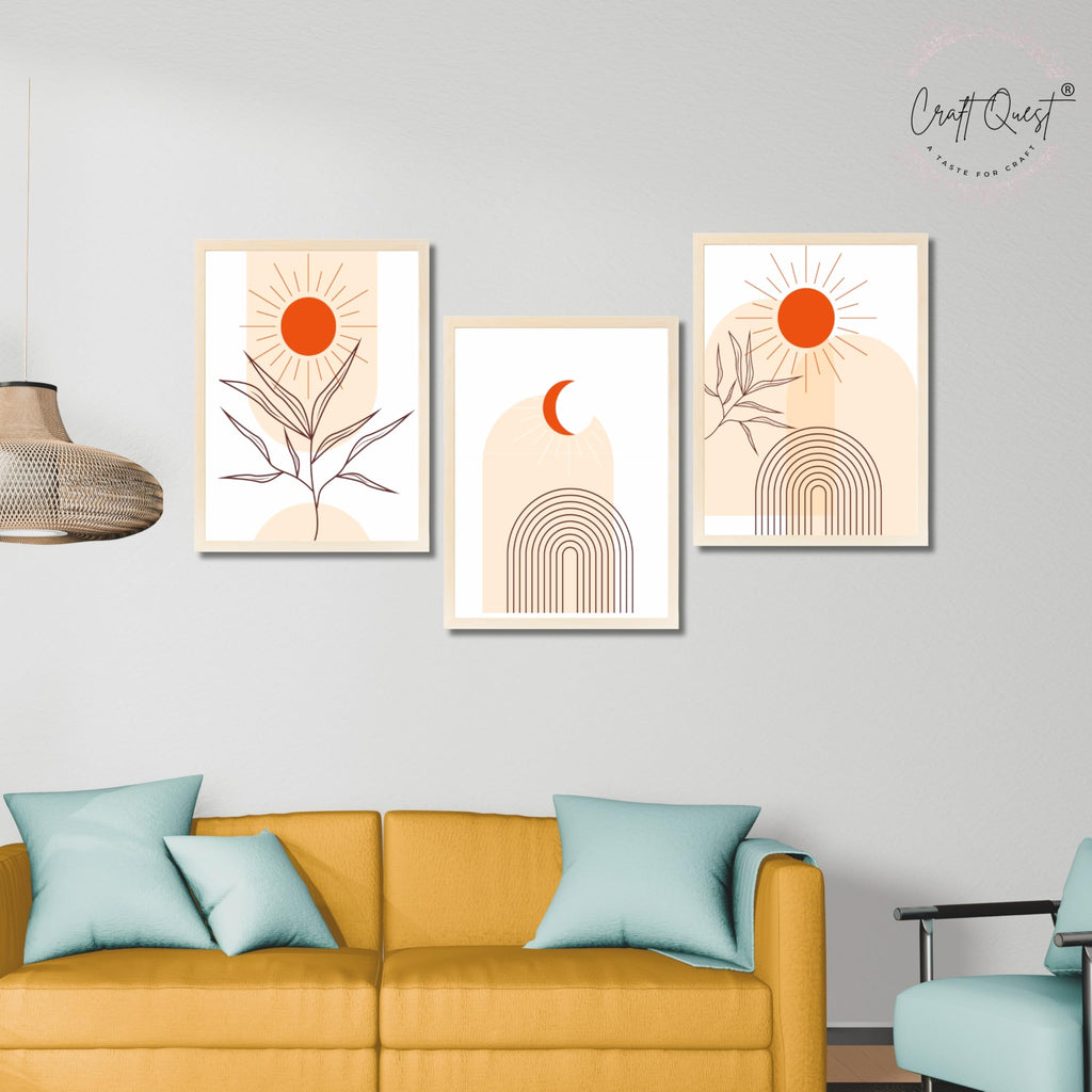 CRAFT QUEST Wall Art Decor Paintings | Set of 3 BOHO Wall Art Frames for Home Decoration | Ideal for Living Room, Bedroom & Office