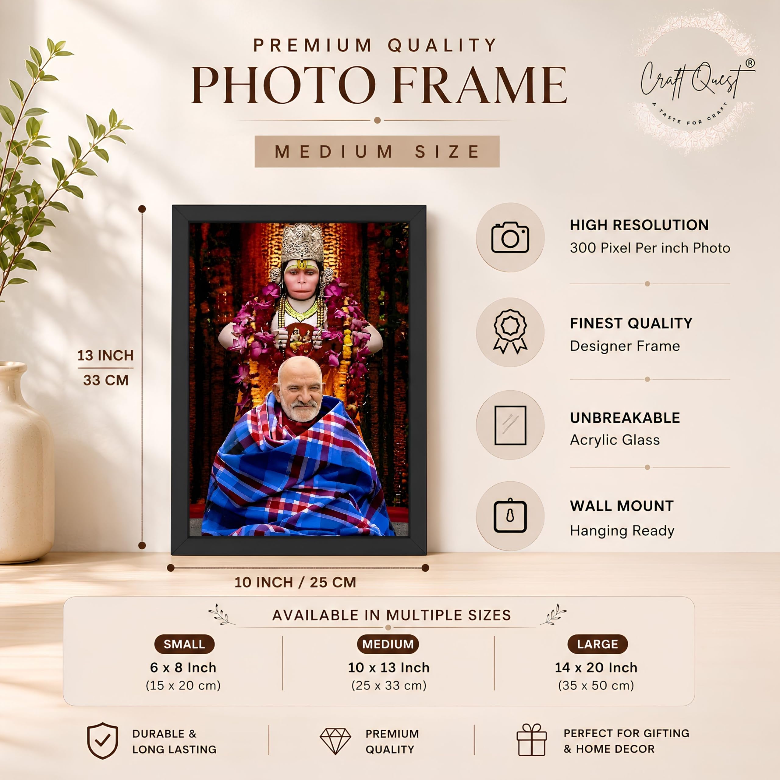 CRAFT QUEST Neem Karoli Baba Maharaj Ji Smiling Portrait Photo Frame for Wall | Spiritual Guru Religious Wall Art | Devotional Photo for Home, Mandir, Puja Room & Gifting