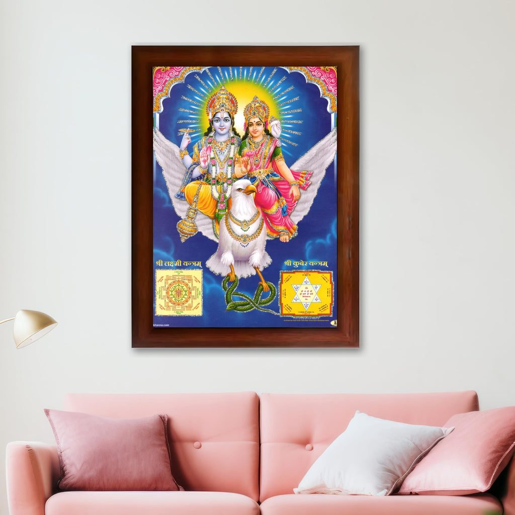 CRAFT QUEST Lord Vishnu and Goddess Lakshmi Giving Blessing on Garud, Glitter Work Painting