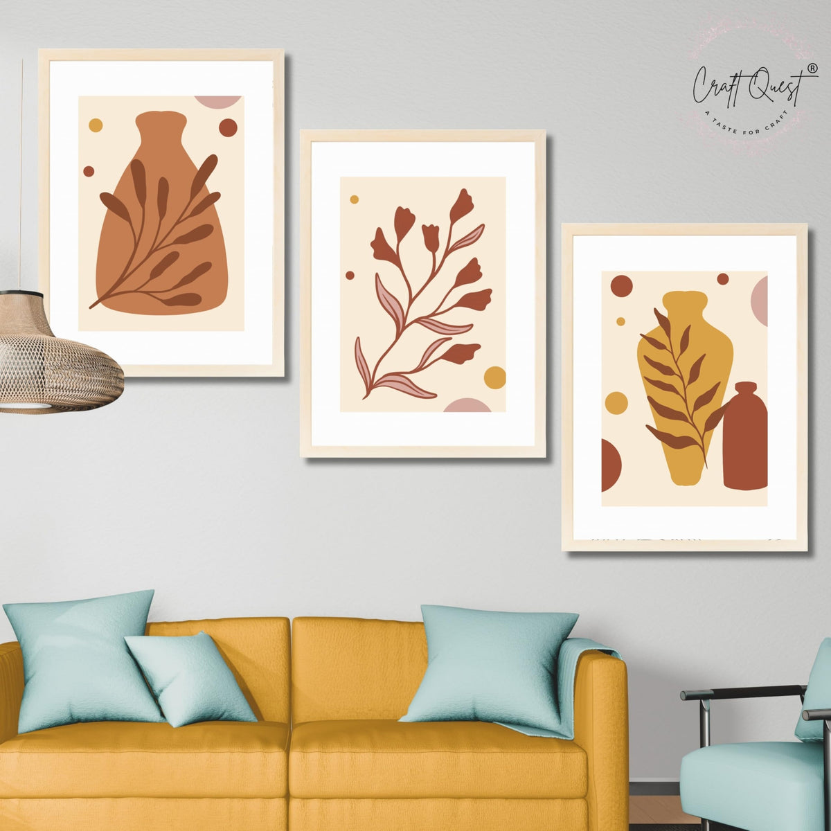 CRAFT QUEST Wall Art Decor Paintings | Set of 3 BOHO Wall Art Frames for Home Decoratio | Ideal for Living Room, Office & Bedrooms