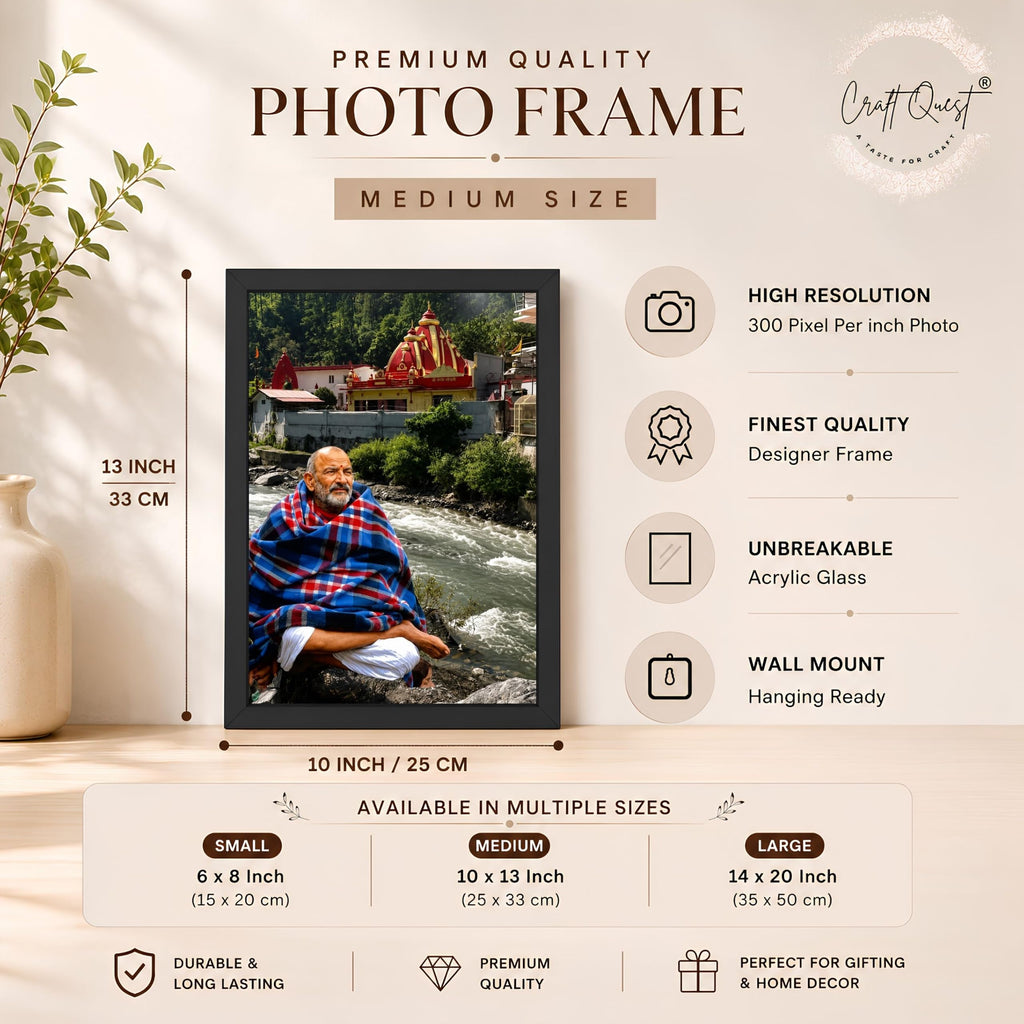 CRAFT QUEST Neem Karoli Baba Maharaj Ji Smiling Portrait Photo Frame for Wall | Spiritual Guru Religious Wall Art | Devotional Photo for Home, Mandir, Puja Room & Gifting
