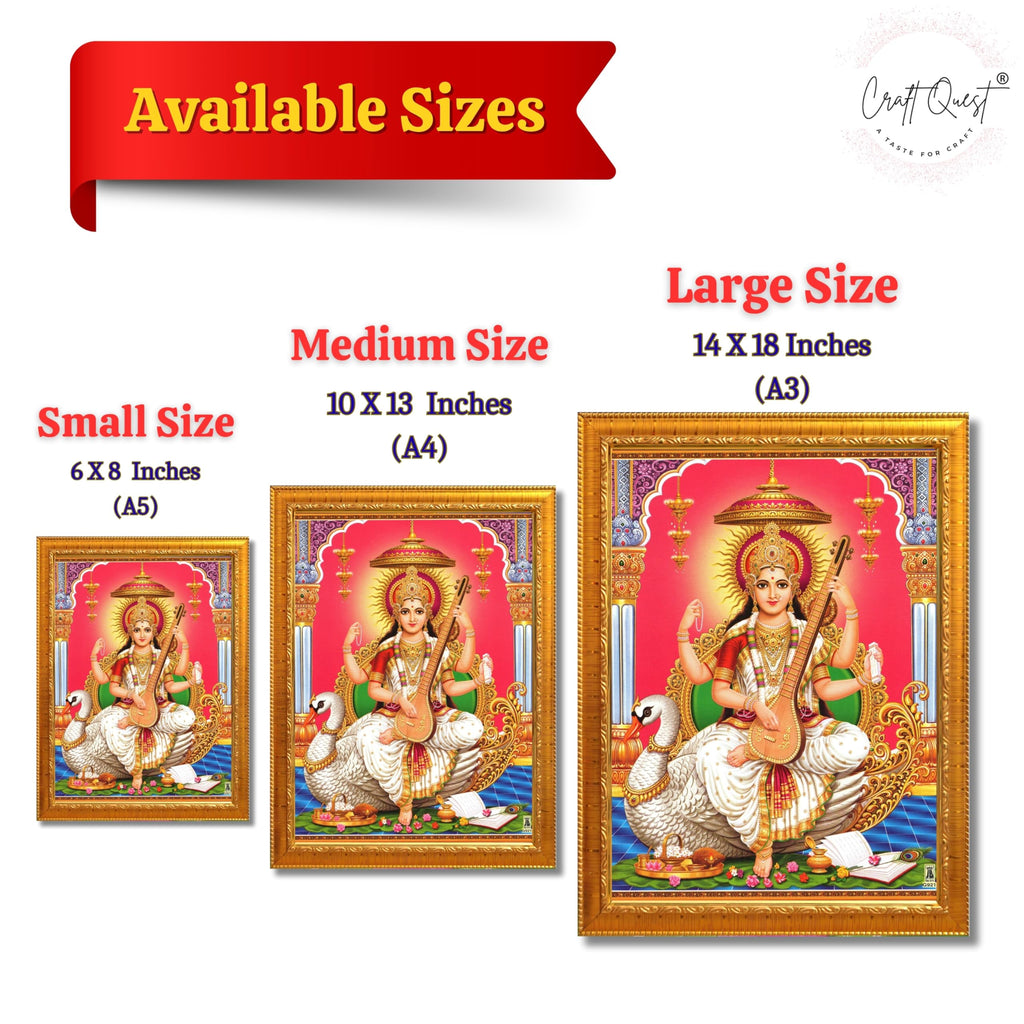 CRAFT QUEST Saraswati Devi Goddess Saraswathi Maa Wall Painting Sparkle Coated Framed Home Décor Synthetic wooden Framed