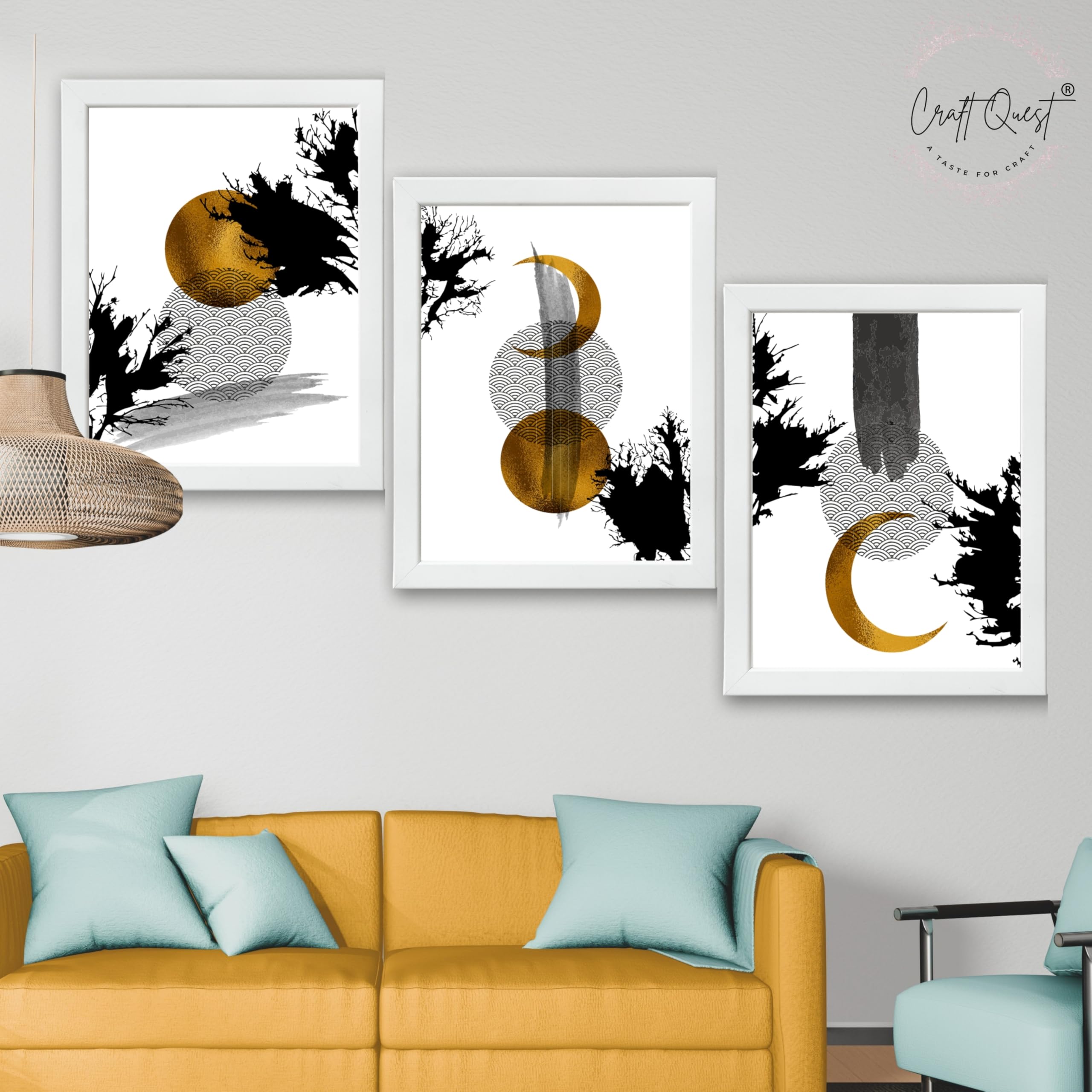 CRAFT QUEST Wall Art Decor Paintings | Set of 3 Abstract Wall Art Frames for Home Decoration | Ideal for Living Room, Bedrooms & Office
