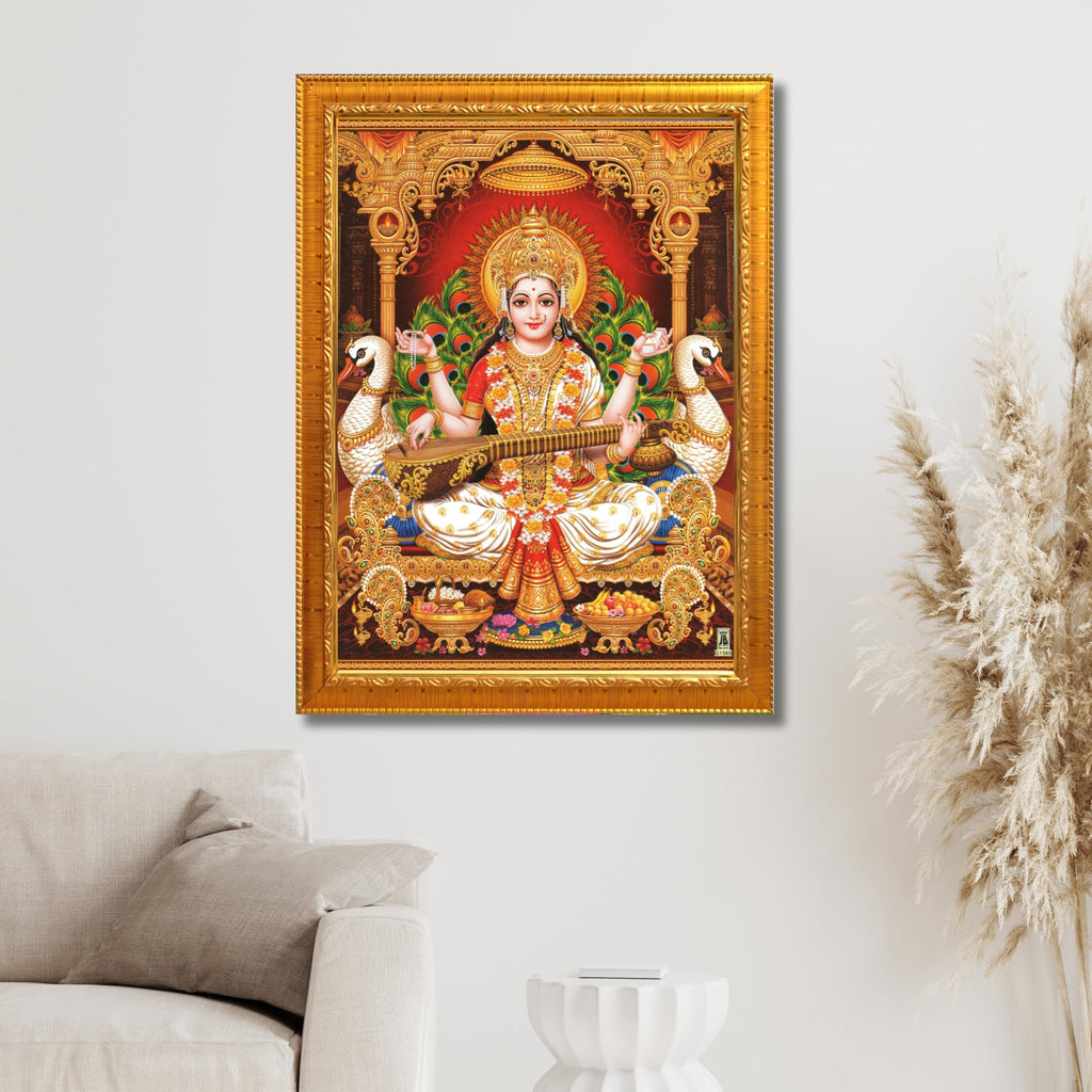 CRAFT QUEST Saraswati Devi Goddess Saraswathi Maa Wall Painting Framed For Home Décor Synthetic wooden Framed