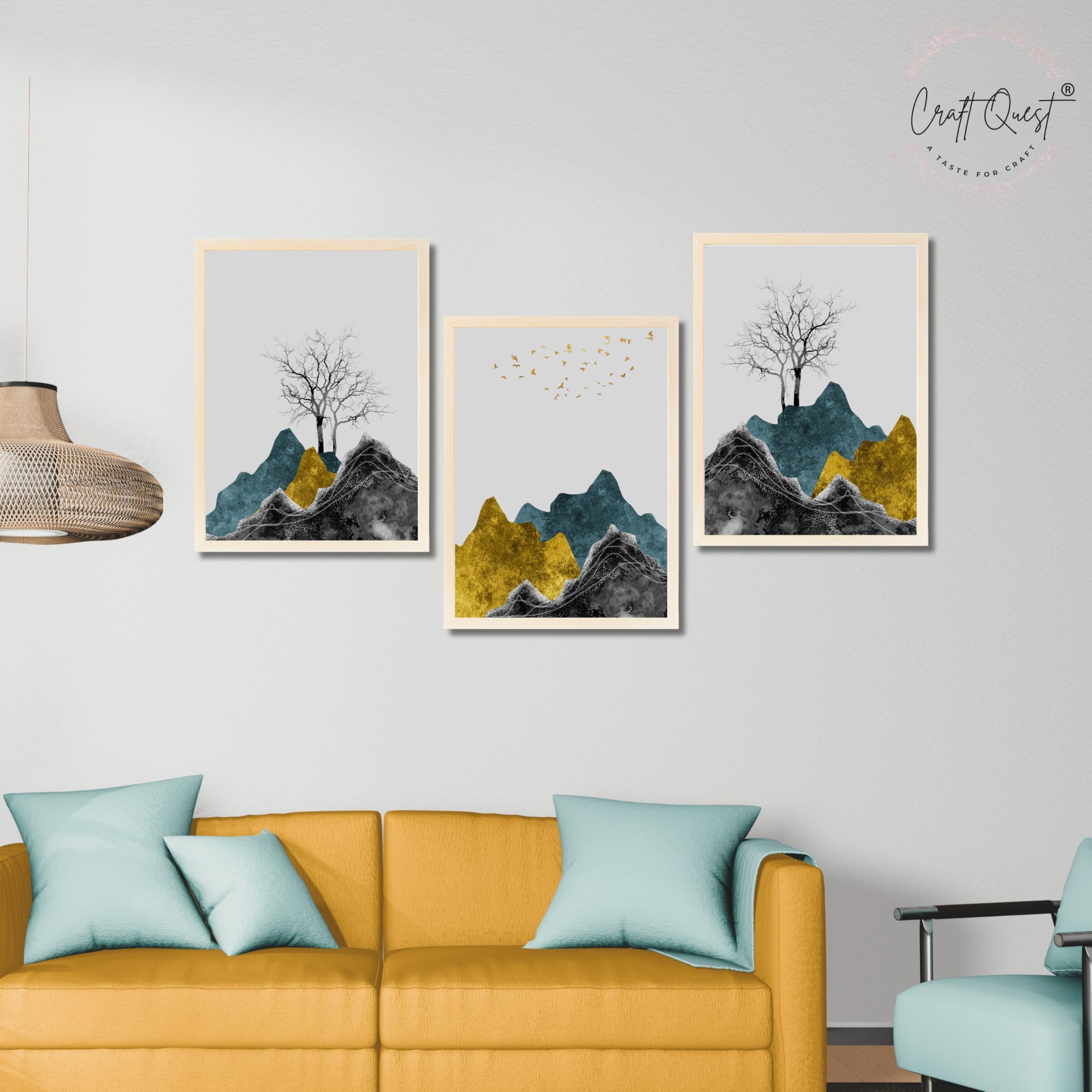 CRAFT QUEST Chinese Landscape Abstract Art Modern Art | Set of 3 Frames for Home Decoration | Ideal for Living Room, Bedroom & Offices