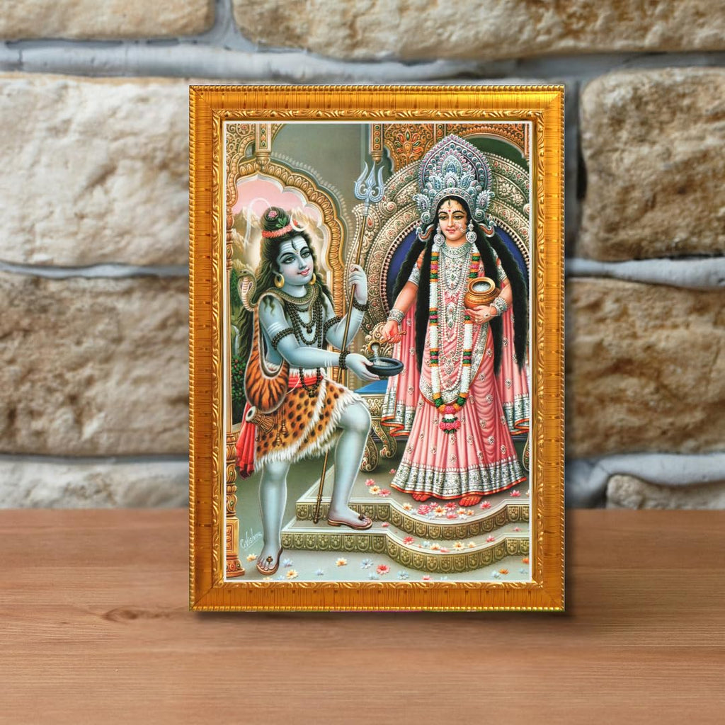 CRAFT QUEST Shiva & Maa Annapurna devi sitting on throne photo frame with Laminated Poster for Kitchen Worship (8 X 6 Inches, Golden)