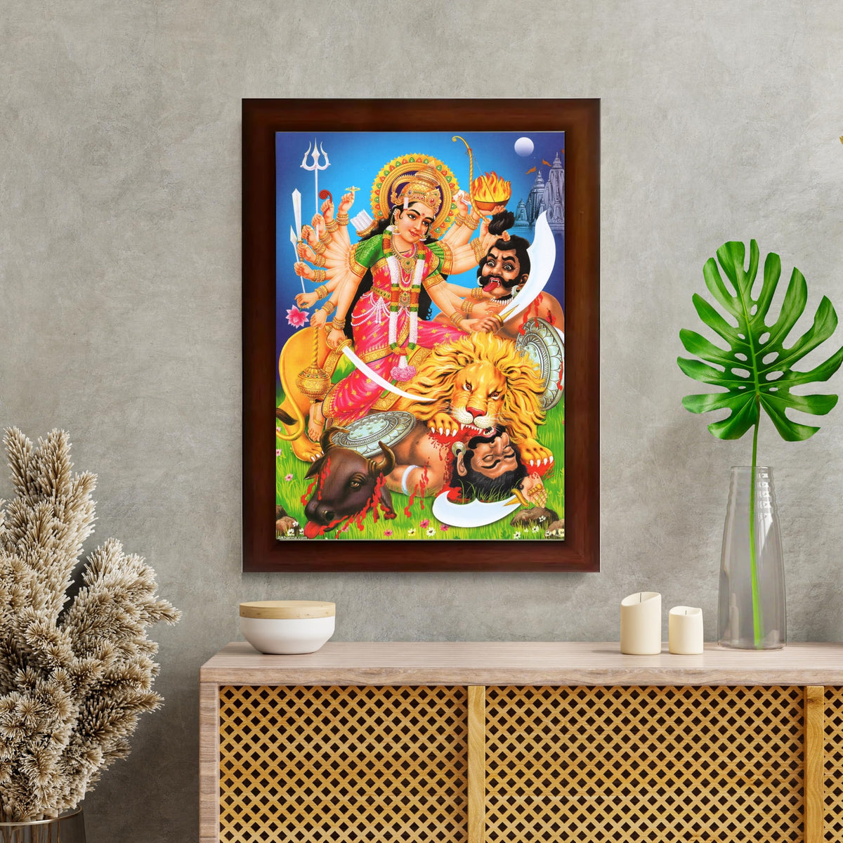 CRAFT QUEST Durga mata Mahishasura Mardini | Mahisasur Mardhini Durga Maa Wall Painting Framed, Religious Photo Frame With Acrylic Glass