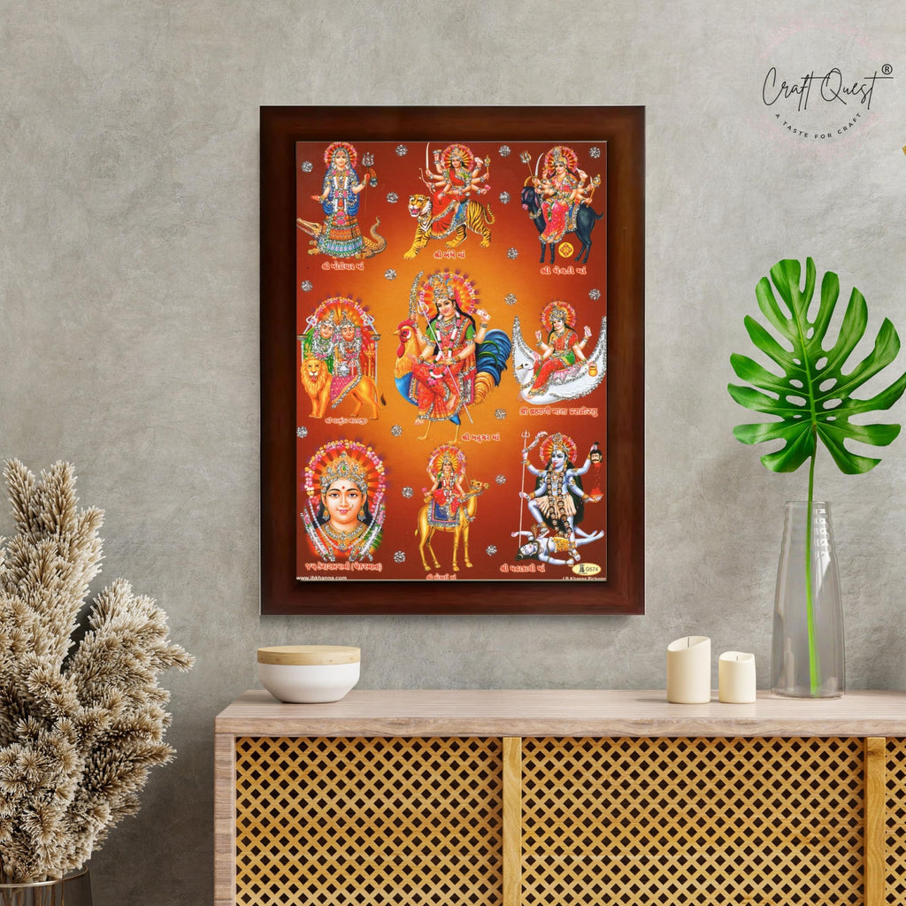 CRAFT QUEST Goddess Navdurga Durga MataJi Wall Painting Framed Home and Pooja Décor Item