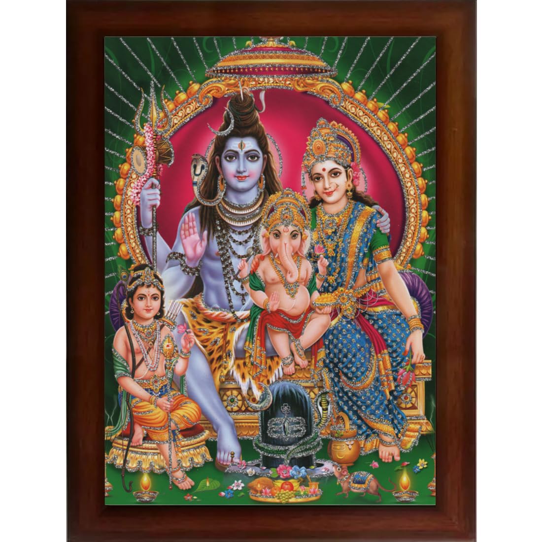 Craft Quest Shiv Parivar (Shiv Shankar, Maa Parvati, Ganesh and Kartikey) Religious Synthetic Photo Frame Sparkle Coated for Pooja (10 X 14 inch, Brown)