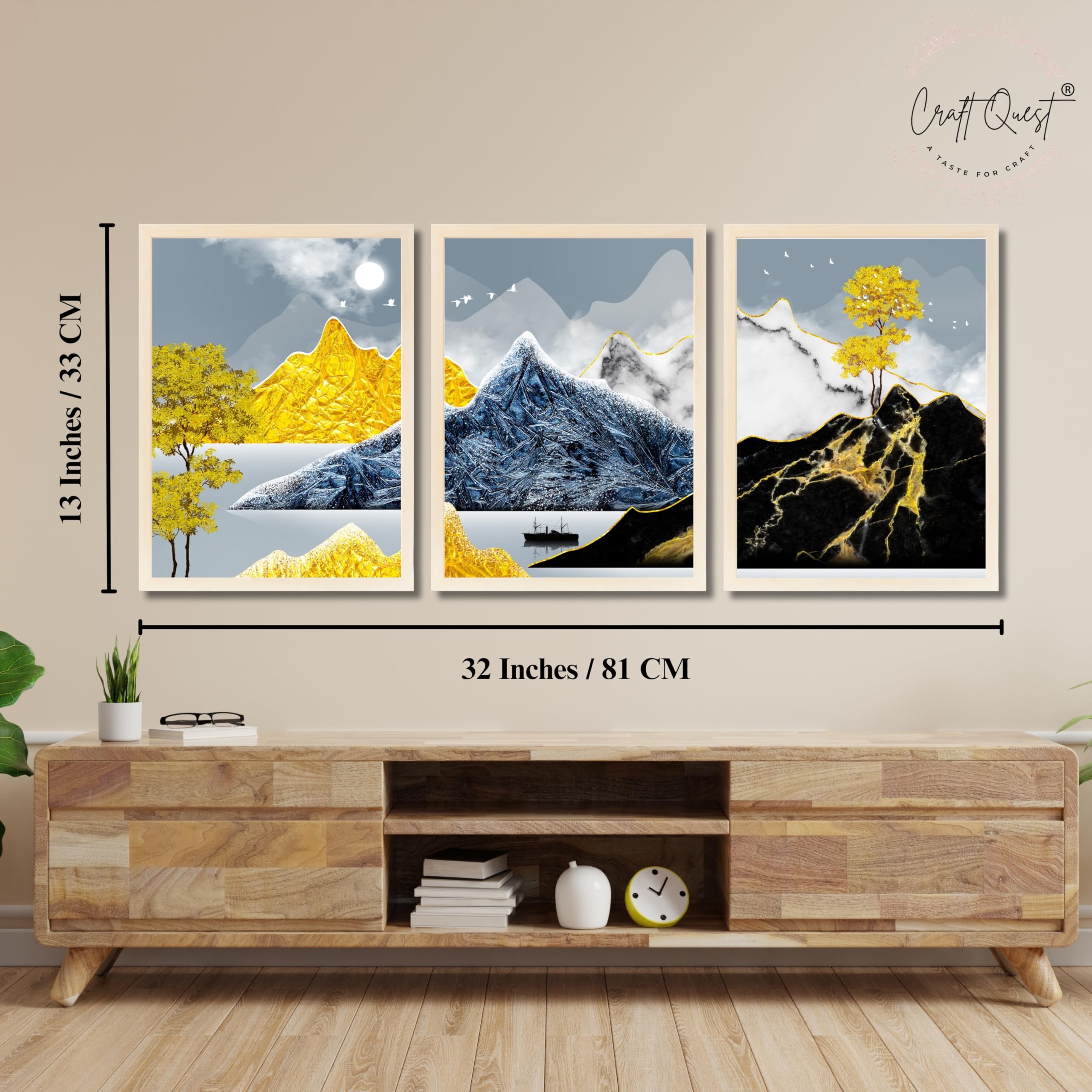 CRAFT QUEST Modern Art Abstract Ink Landscape Wall Art | Set of 3 Frames for Home Decoration | Ideal for Living Room, Bedroom & Offices