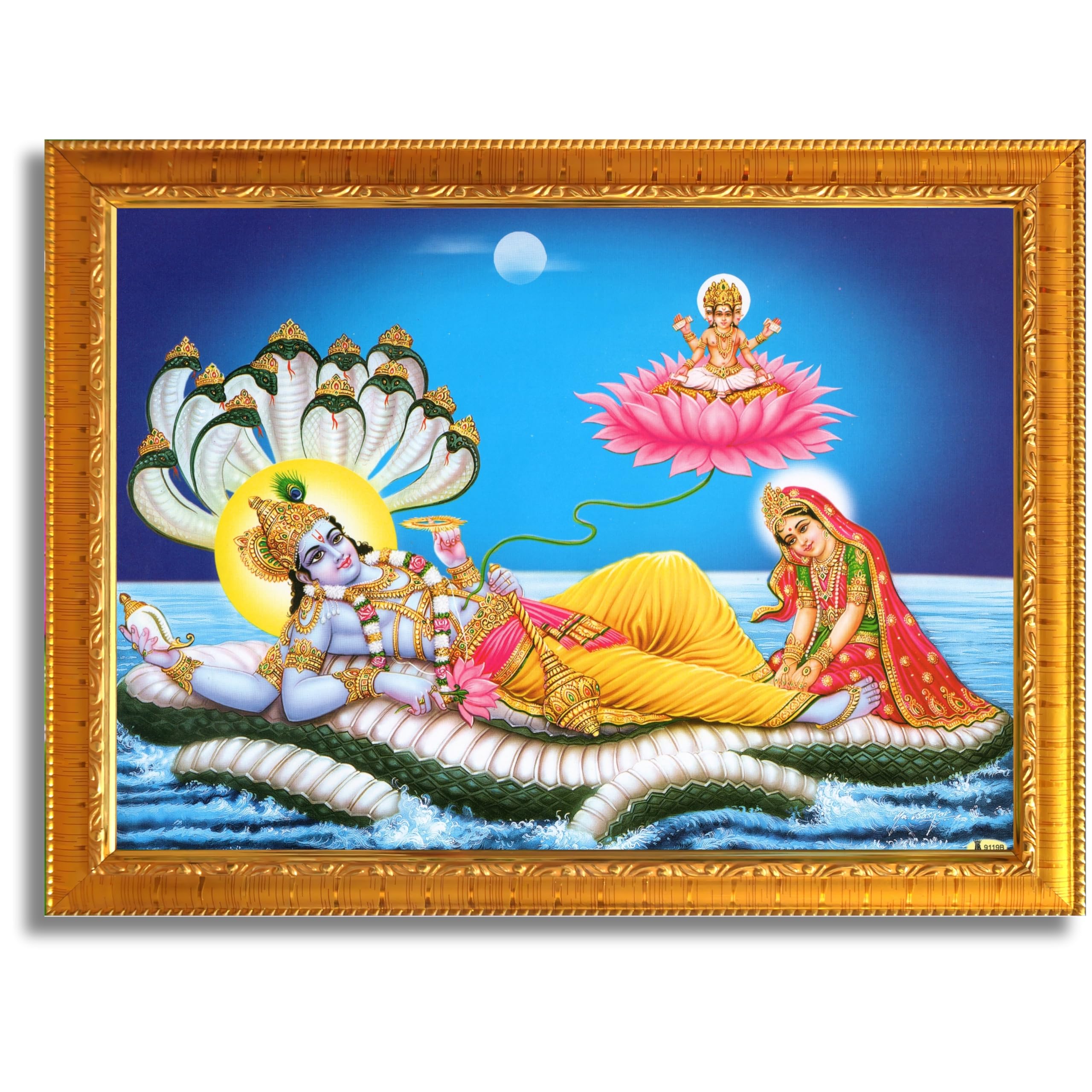 CRAFT QUEST Lord Vishnu and Goddess Lakshmi Giving Blessing on Shesh naag, landscape Glitter Painting with Golden Synthetic Frame