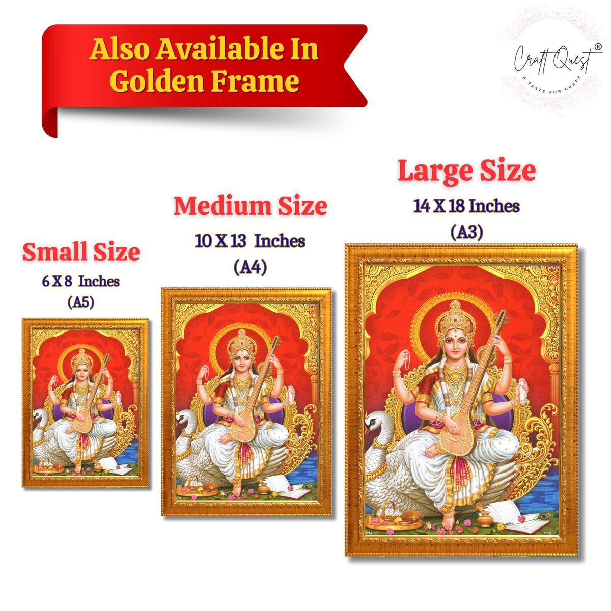 CRAFT QUEST Saraswati Devi Goddess Saraswathi Maa Wall Painting Framed For Home Décor Synthetic wood Framed