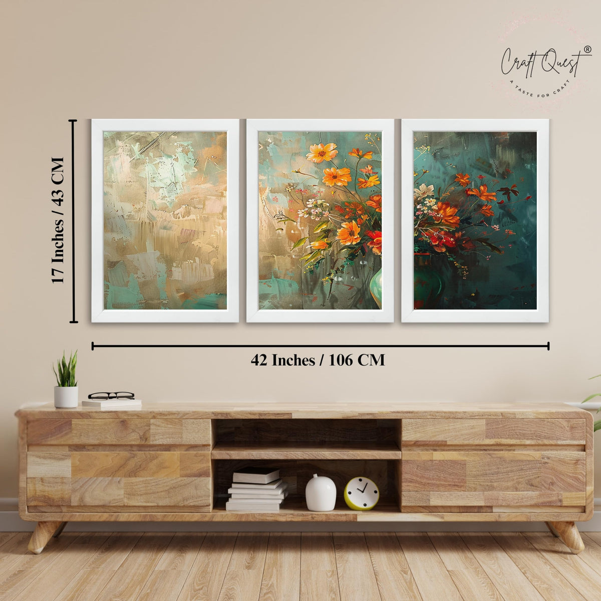 CRAFT QUEST Nature Inspired Paintings Of Flowers Wall Art | Set of 3 Frames for Home Decoration | Ideal for Living Room, Bedroom & Office