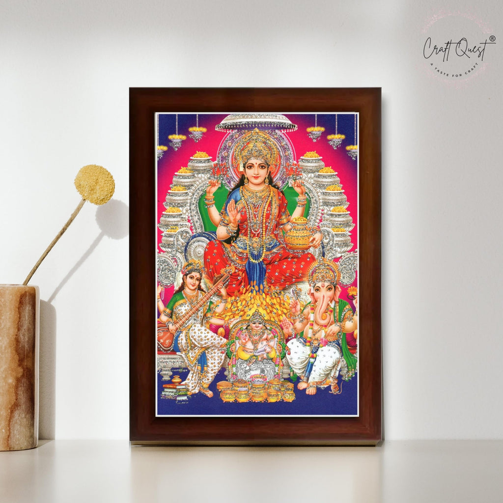 CRAFT QUEST Lord MahaLaxmi Ganesh Saraswati Ji Religious Hindu Photo Frame for Diwali,Wall, Table, Office, Temple, Pooja, Living Room and Decor
