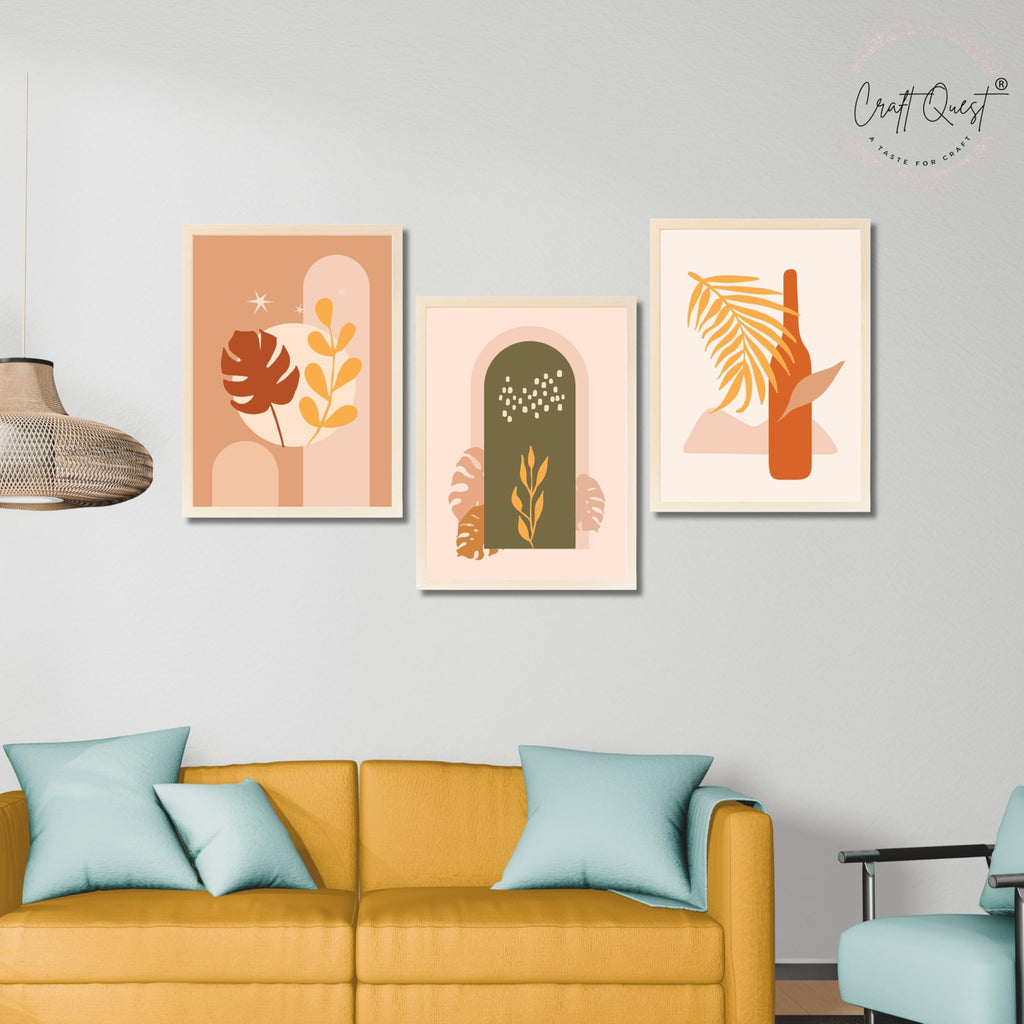 CRAFT QUEST Wall Art Decor Paintings | Set of 3 BOHO Wall Art Frames for Home Decoration | Ideal for Living Room, Offices & Bedrooms