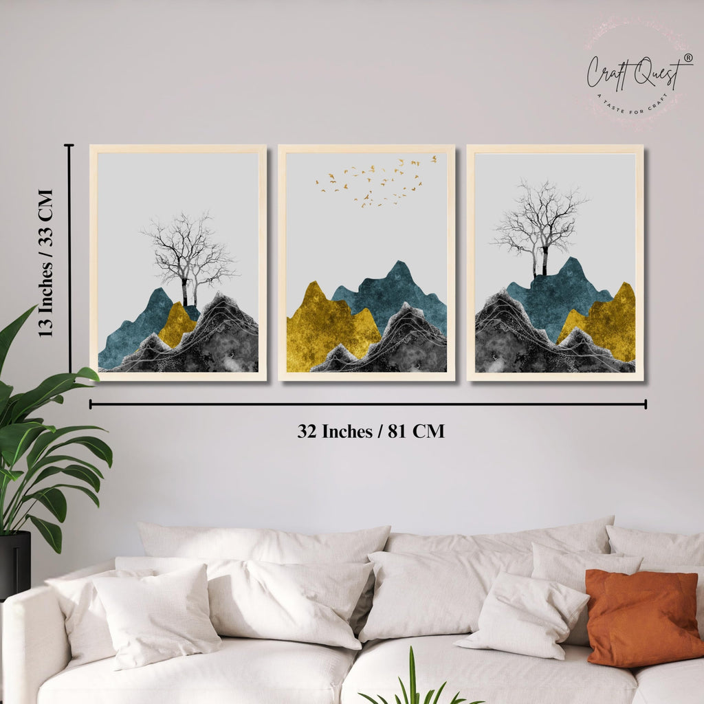 CRAFT QUEST Chinese Landscape Abstract Art Modern Art | Set of 3 Frames for Home Decoration | Ideal for Living Room, Bedroom & Offices