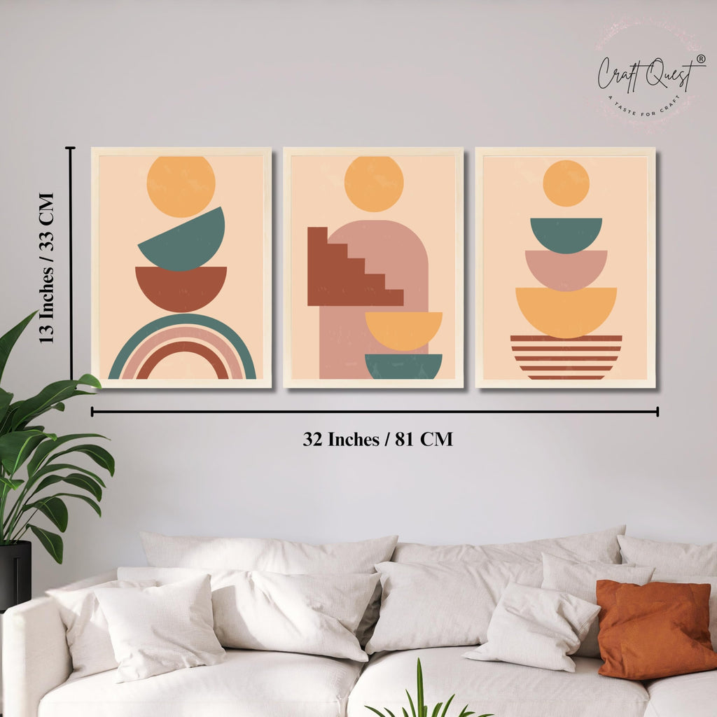 CRAFT QUEST Wall Art Decor Paintings | Set of 3 BOHO Wall Art Frames for Home Decoration | Ideal for Living Room, Offices & Bedrooms