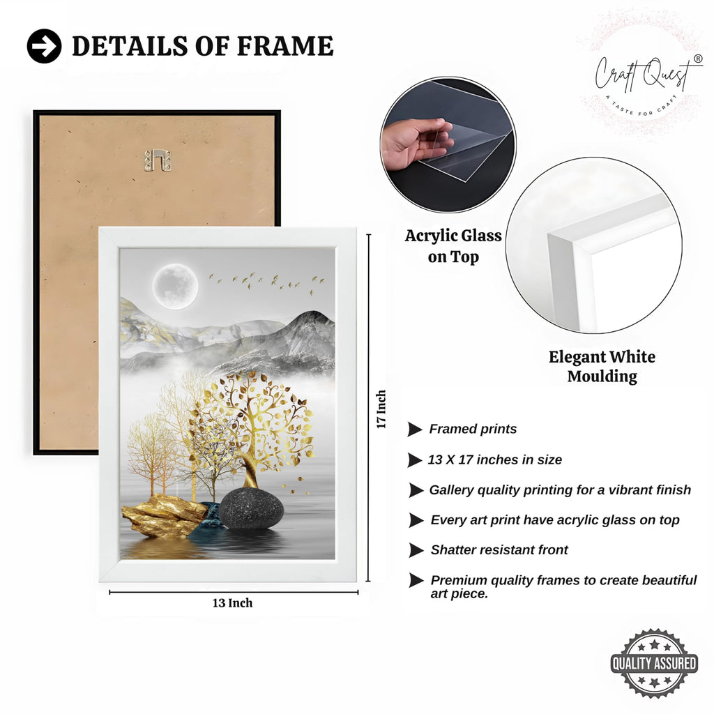 CRAFT QUEST Modern Art Landscape Golden Tree,Birds & Mountains Wall Art | Set of 3 Frames for Home Decoration | Ideal for Living Room, Bedroom & Offices