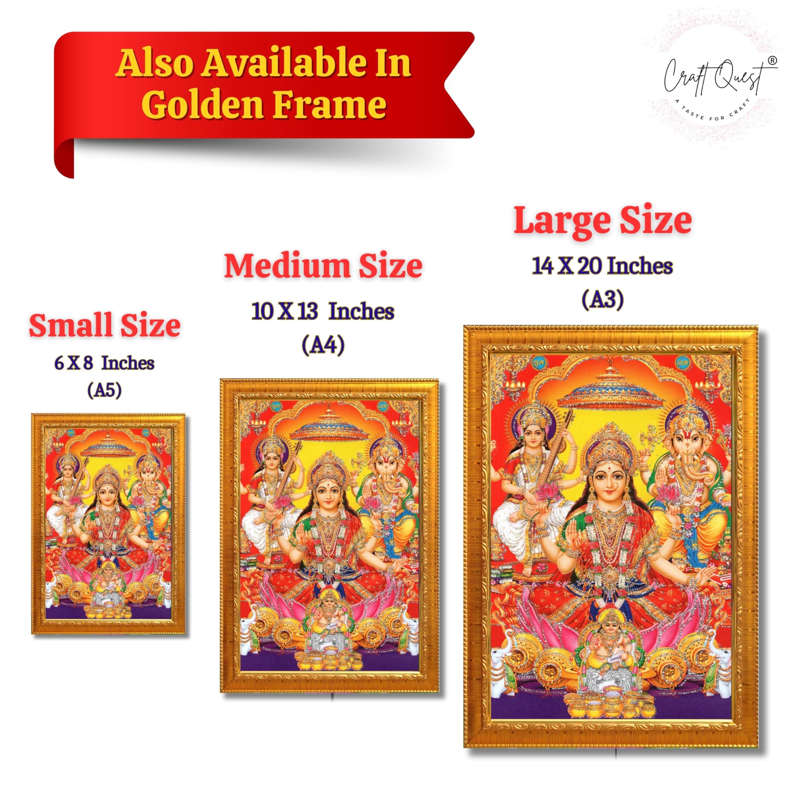 CRAFT QUEST Goddess Laxmi Ganesh Saraswati Religious God Hindu Photo Frame for Diwali,Temple, Pooja, Living Room Home and Decor Item