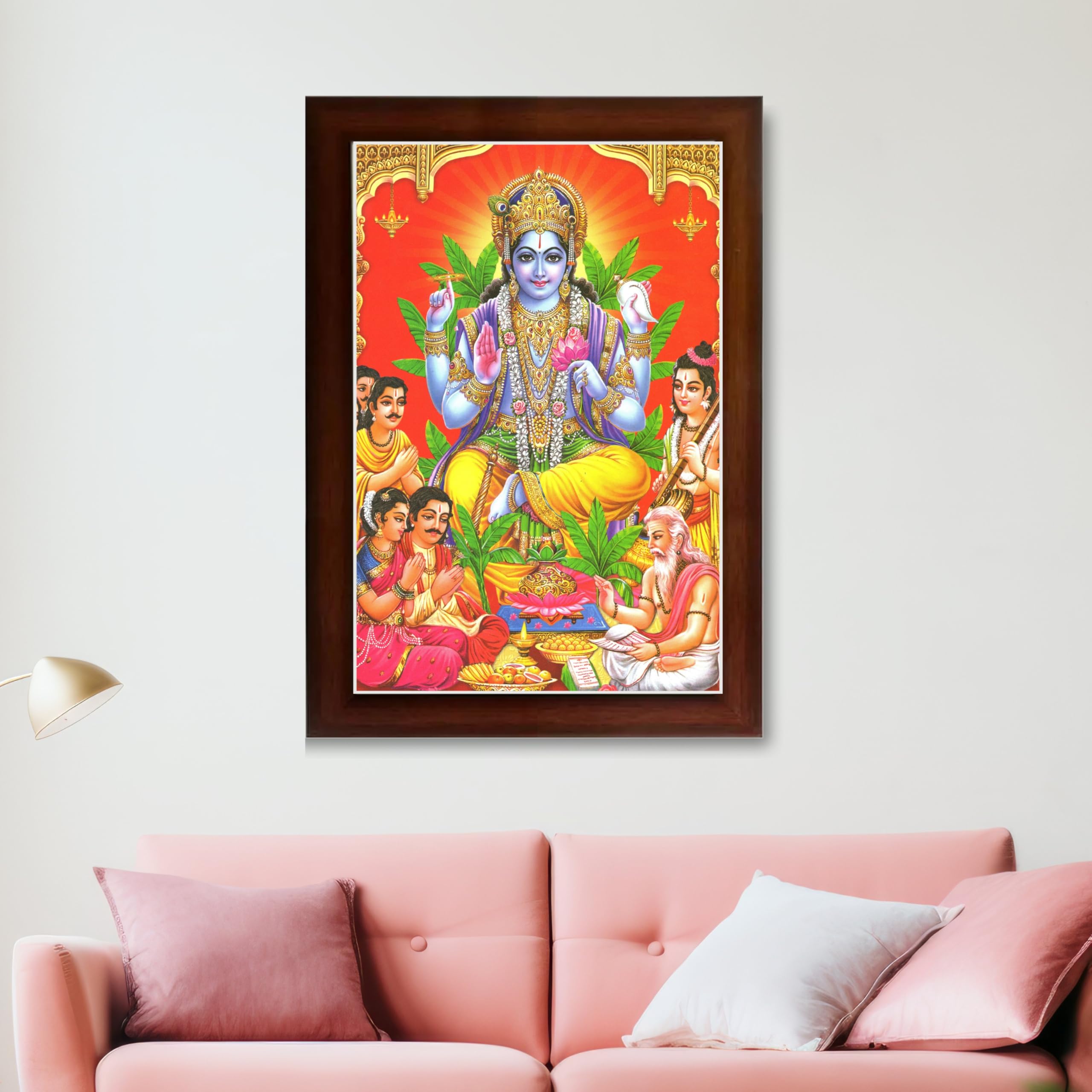 CRAFT QUEST Lord Satyanarayana Swami| Bhagwan Satyanarayan Wall Painting Religious Wood Photo Frame with Acrylic glass
