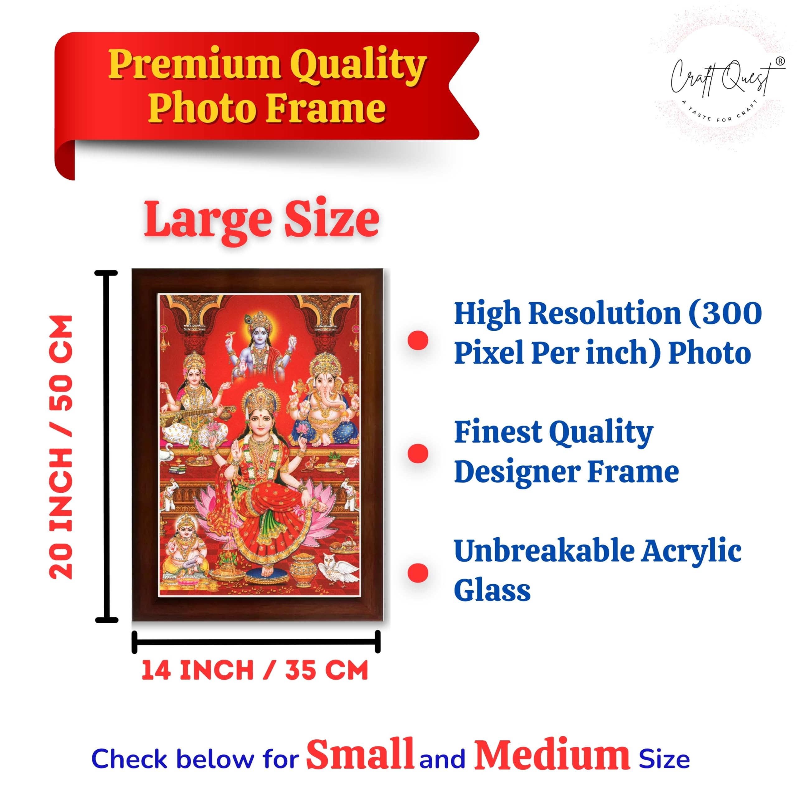 CRAFT QUEST Lakshmi Devi Ganesha Saraswati Ganesh ji Hanging Wall Painting Framed Home and Pooja Decor Hindu Bhagwan Devi Devta Photo Frame