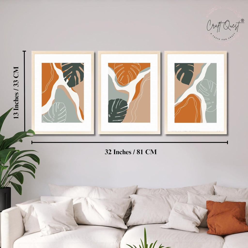 CRAFT QUEST SET OF 3 Organic Modern Leaf Wall Art | Set of 3 Frames for Home Decoration | Ideal for Living Room, Bedroom & Offices