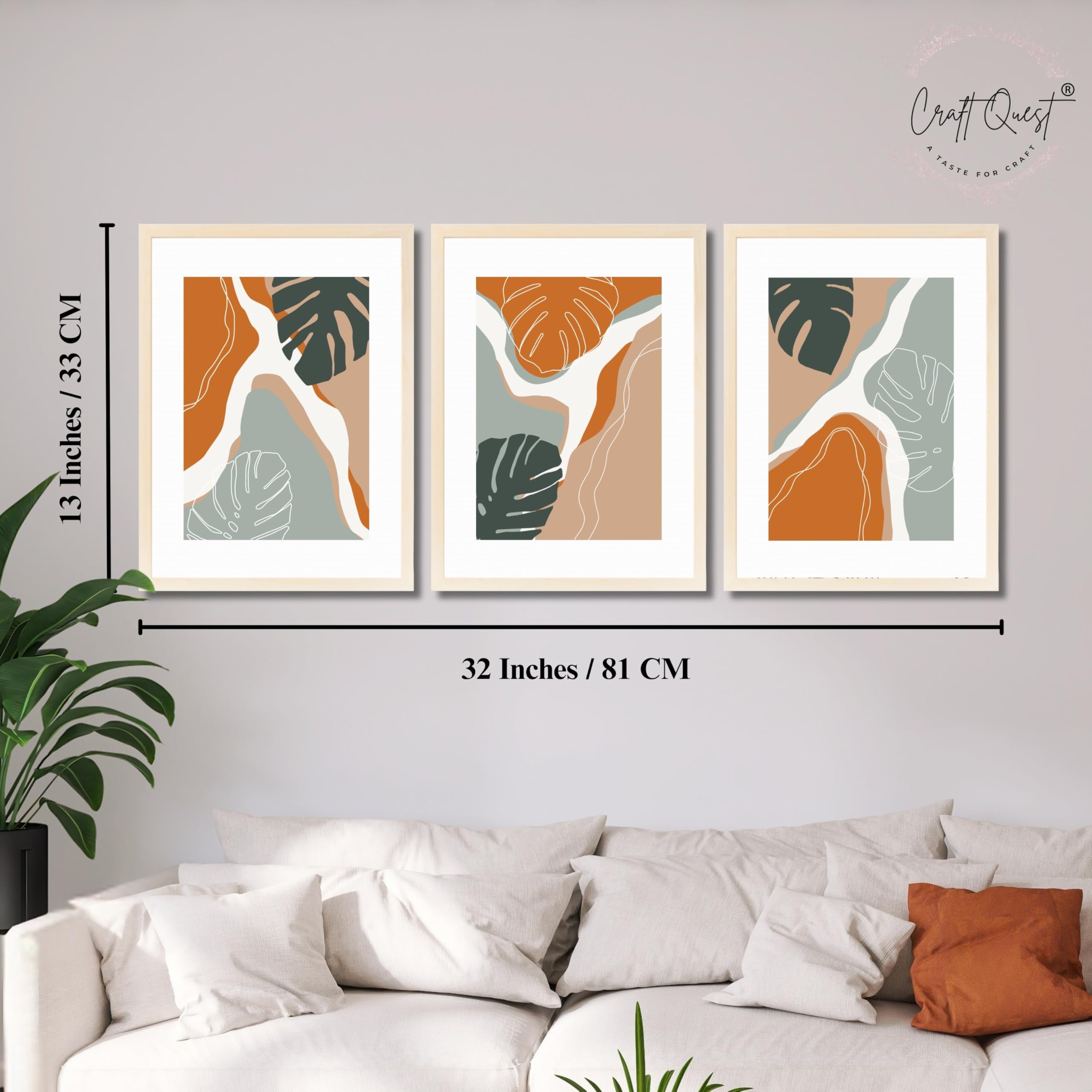 CRAFT QUEST SET OF 3 Organic Modern Leaf Wall Art | Set of 3 Frames for Home Decoration | Ideal for Living Room, Bedroom & Offices