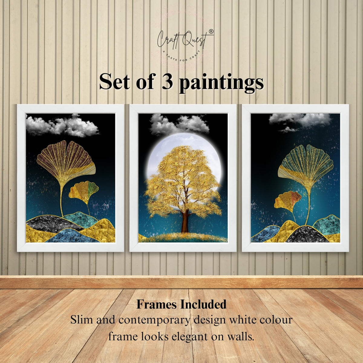 CRAFT QUEST Modern Art Mural With Golden Christmas Trees Wall Art | Set of 3 Frames for Home Decoration | Ideal for Living Room, Bedroom & Offices