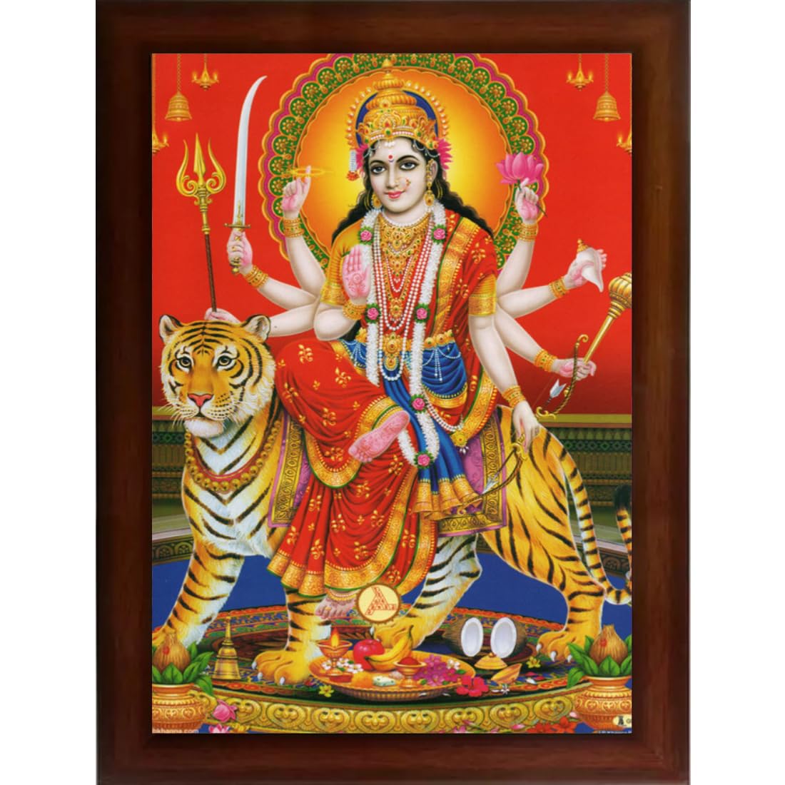 CRAFT QUEST Durga mata photo with frame, God Religious Framed Painting (Large Size, Brown 14 X 10 Inches. Multicolour)