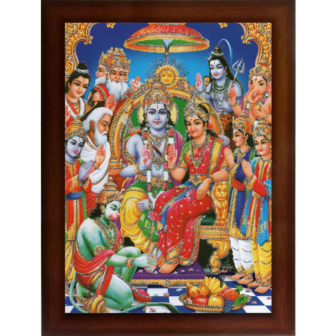Craft Quest Shree Ram Darbar Photo Frame Sparkle Coated For Wall Decoration Gift Item Painting (Large in Size, 14 inch X 10 inch, Brown, Religious)