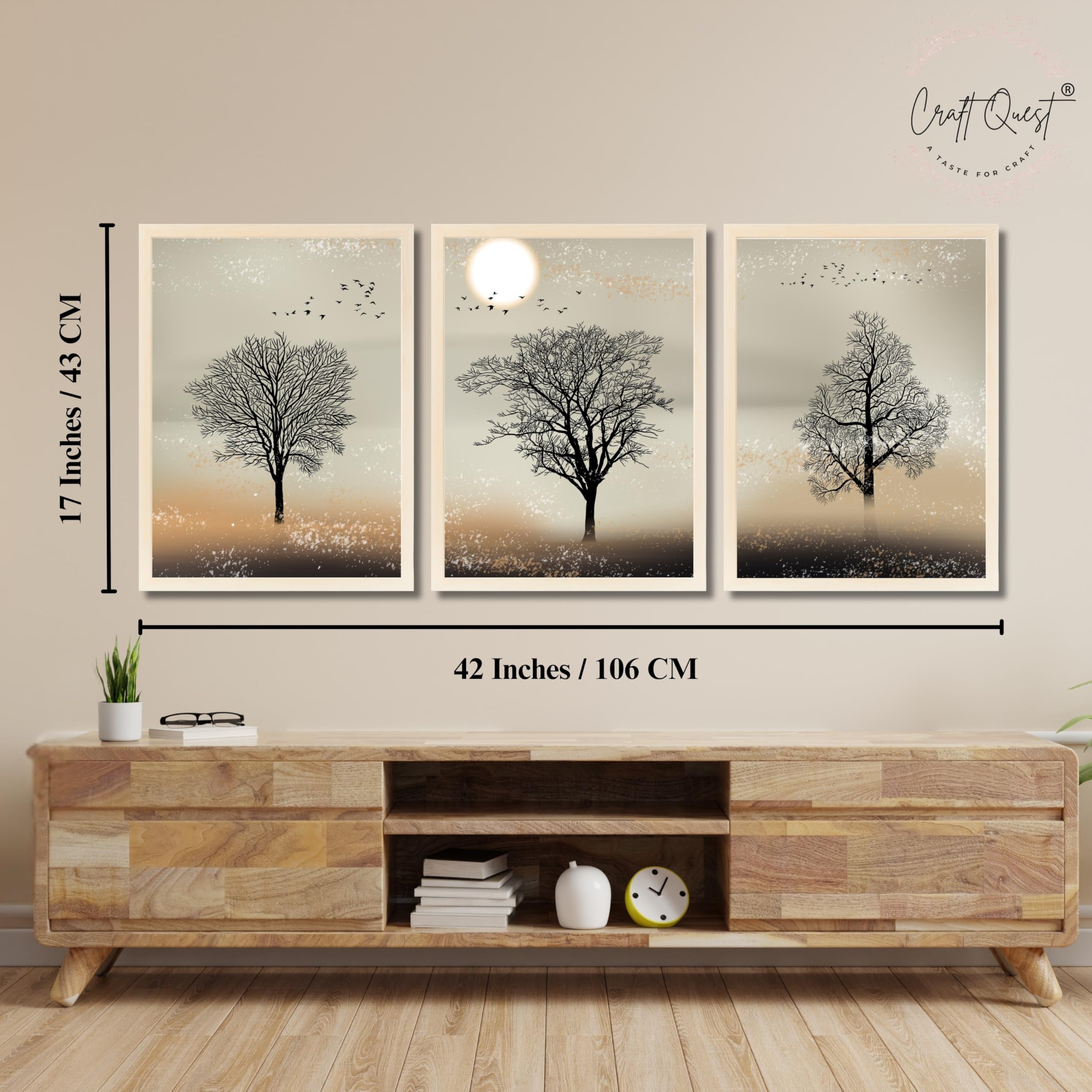 CRAFT QUEST Nature Inspired Landscape With Black Trees Modern Wall Art | Set of 3 Frames for Home Decoration | Ideal for Living Room, Bedroom & Office