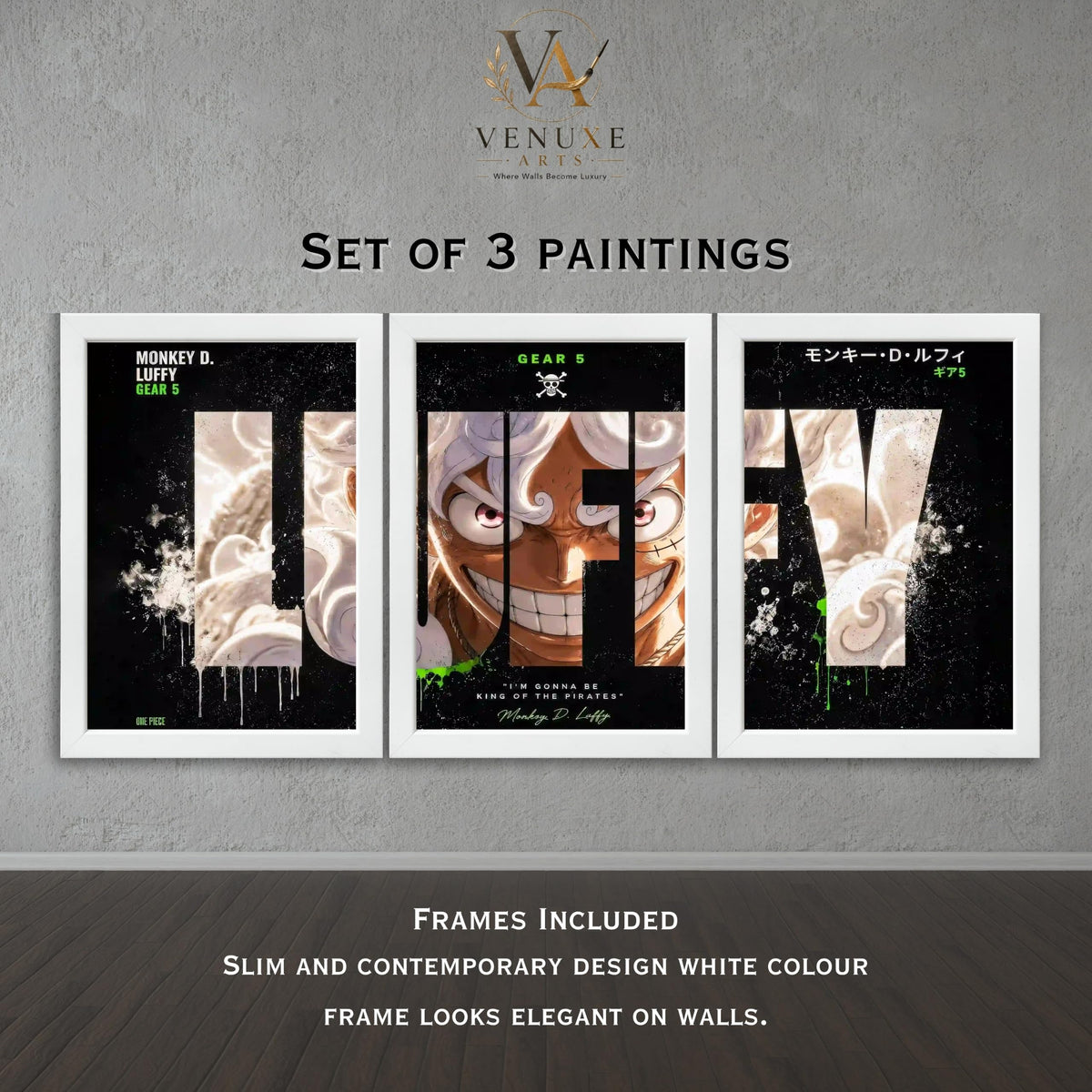 VENUXE ARTS Set Of 3 Anime Characters Wall Framed |Anime Characters Framed Poster for Living Room Bedroom Gaming Room Studio Wall Decor