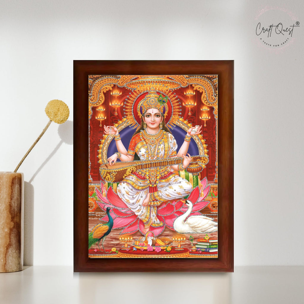 CRAFT QUEST Saraswati Devi Goddess Saraswati Maa Wall Painting Framed Home Decor wooden framed