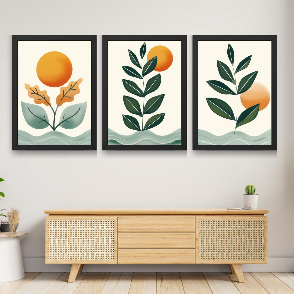 CRAFT QUEST Nature Inspired Sun & Moon Modern Boho Wall Art | Set of 3 Frames for Home Decoration | Ideal for Living Room, Bedroom & Offices
