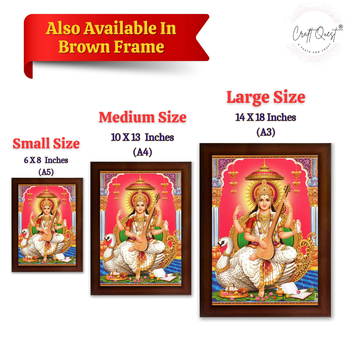CRAFT QUEST Saraswati Devi Goddess Saraswathi Maa Wall Painting Sparkle Coated Framed Home Décor Synthetic wooden Framed