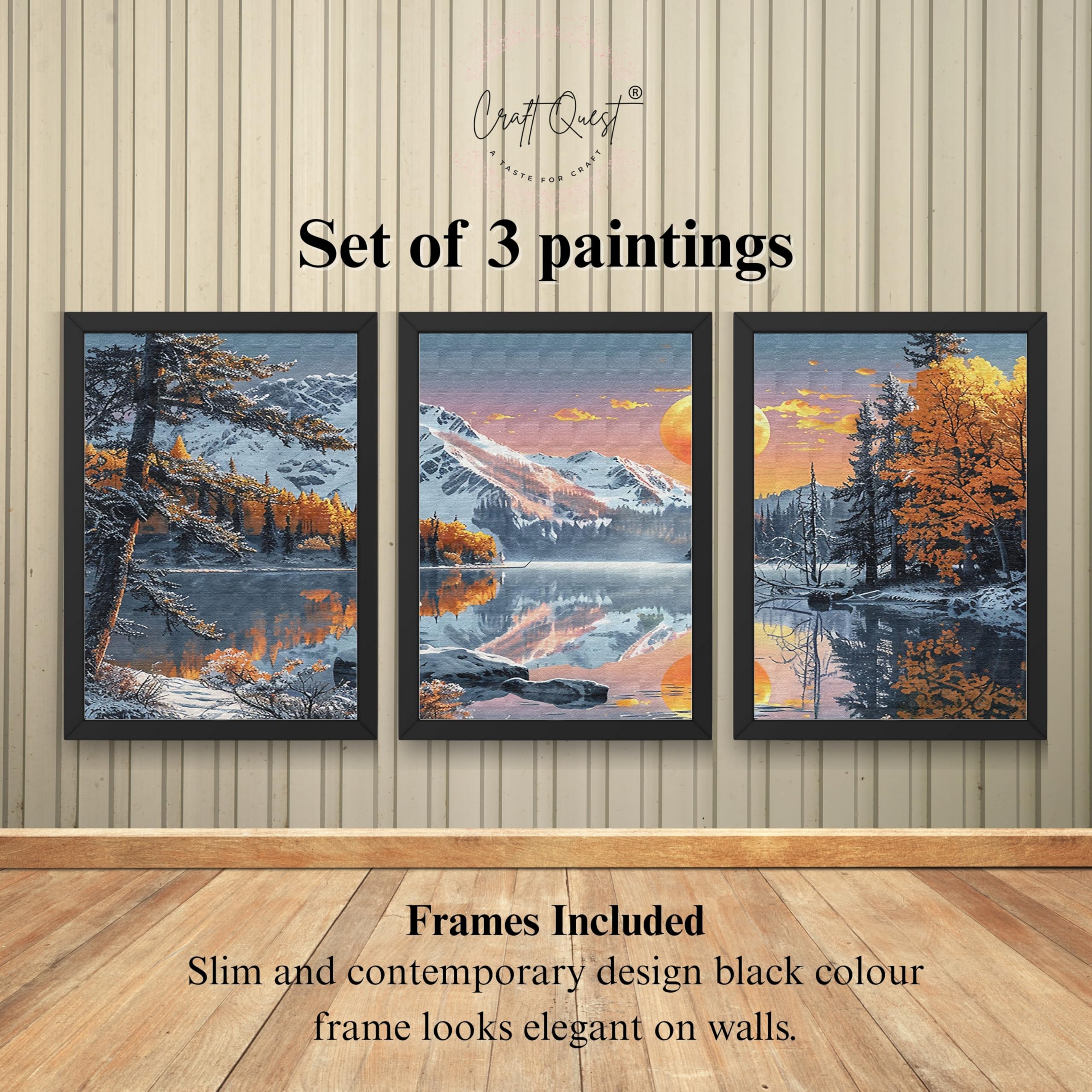 CRAFT QUEST Modern Art Paintings With Lake & Mountains Wall Art | Set of 3 Frames for Home Decoration | Ideal for Living Room, Bedroom & Offices