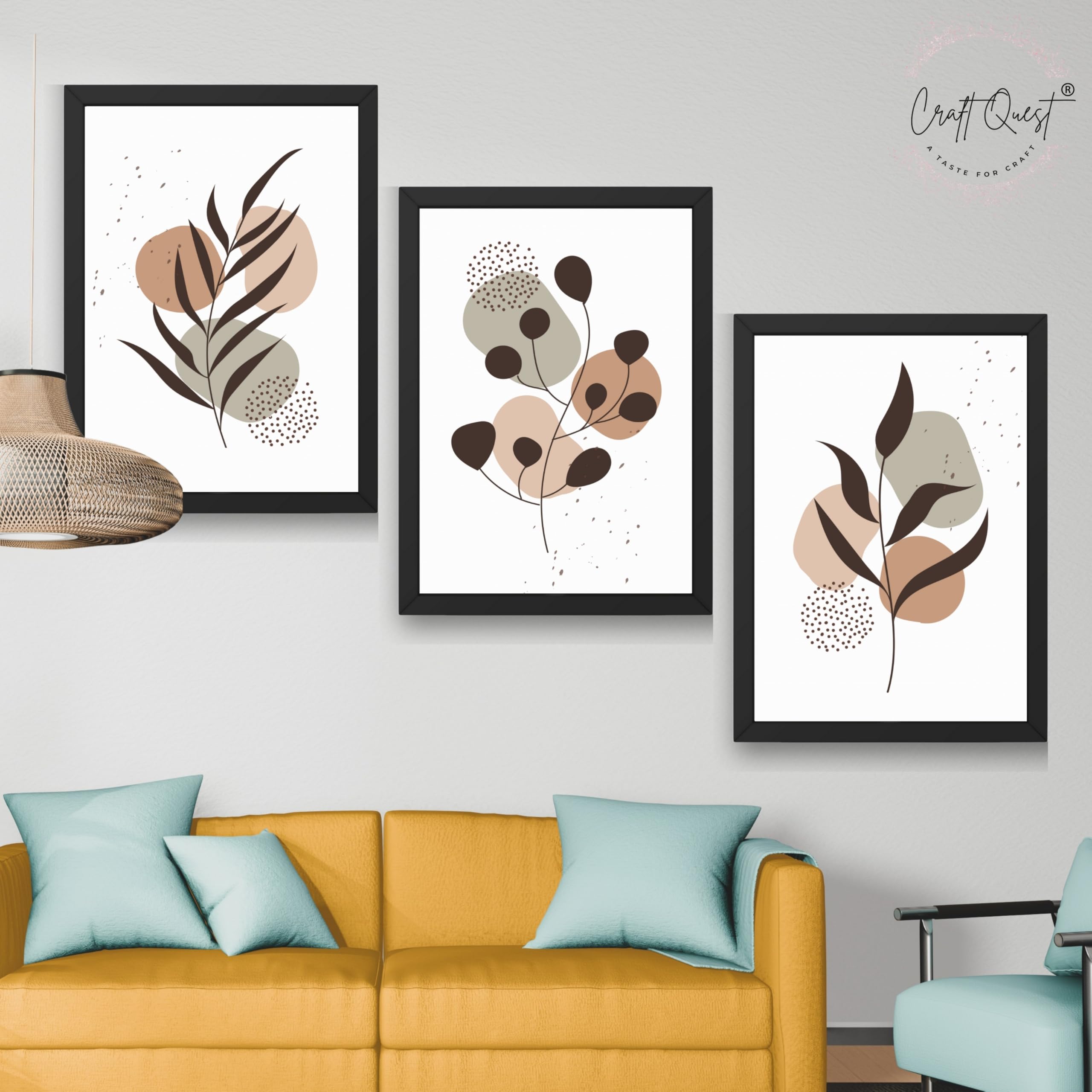 CRAFT QUEST Wall Art Decor Paintings | Set of 3 BOHO Wall Art Frames for Home Decoratio | Ideal for Living Room, Office & Bedroom