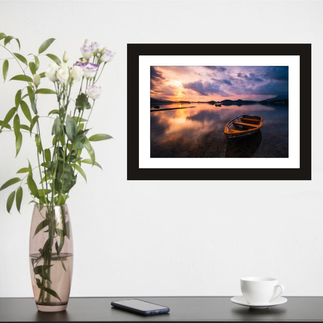CRAFT QUEST Abstract Digital River Canvas Modern Art Painting Poster Frame for Home & Office Wall Decoration - Portrait, Wall Display (Black, 14x10 Inch Frame with Art Print) (Tropical Reverie)
