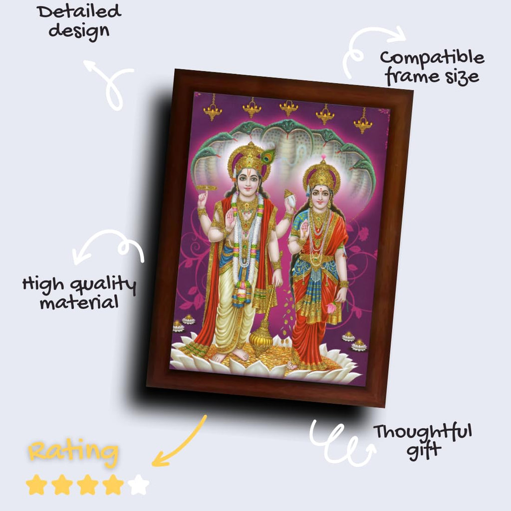 CRAFT QUEST Lord Vishnu and Goddess Lakshmi standing Giving Blessing, Glitter Work Painting with Brown Frame (14 X 10 Inches, Brown Wood)