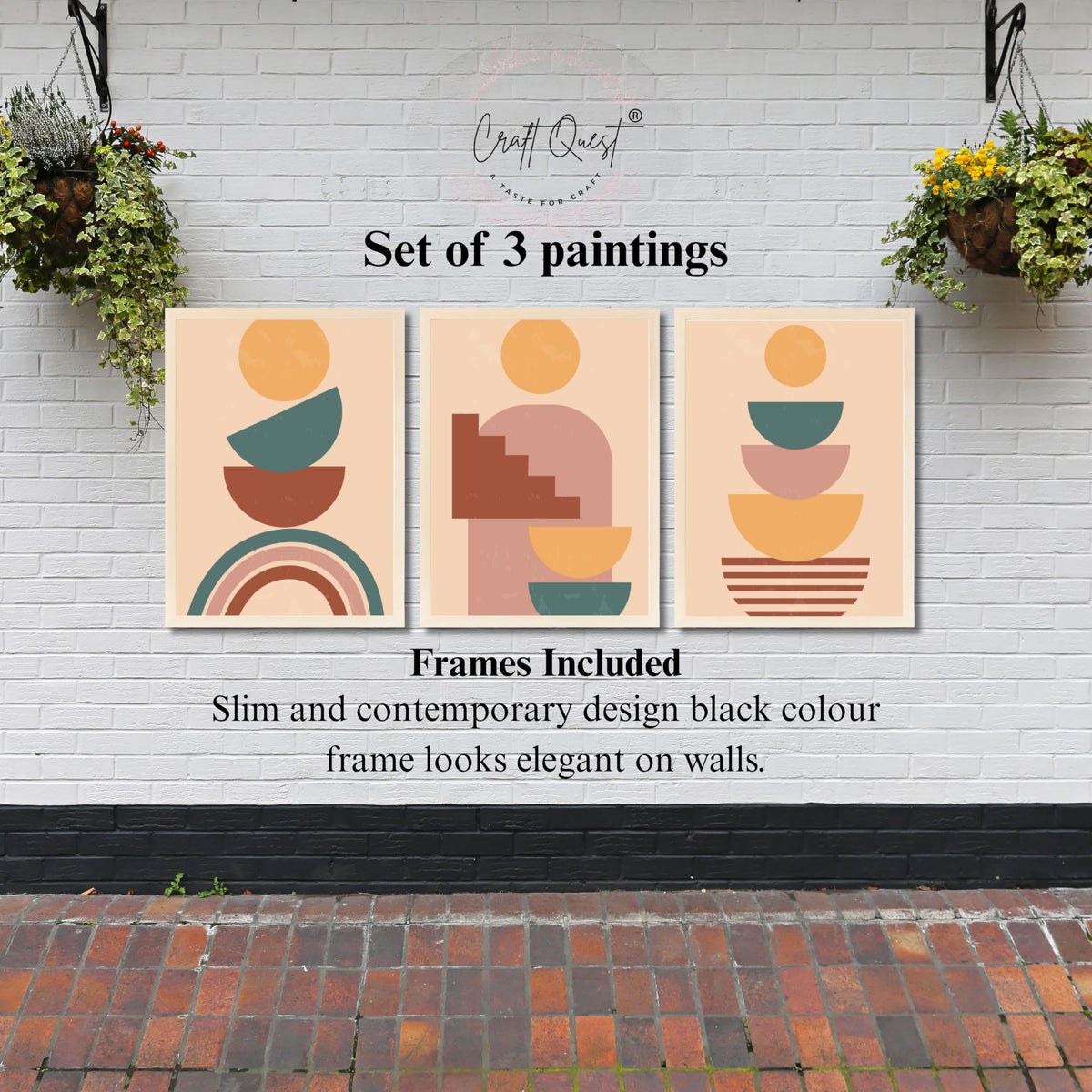 CRAFT QUEST Wall Art Decor Paintings | Set of 3 BOHO Wall Art Frames for Home Decoration | Ideal for Living Room, Offices & Bedrooms