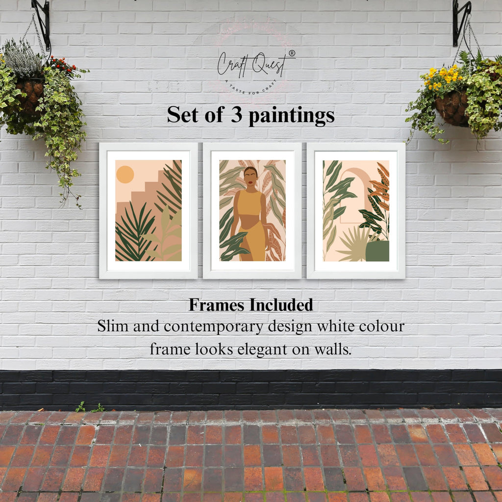 CRAFT QUEST Beautiful Abstract Of American Woman & Tropical Leaves Wall Art | Set of 3 Frames for Home Decoration | Ideal for Living Room, Bedroom & Offices
