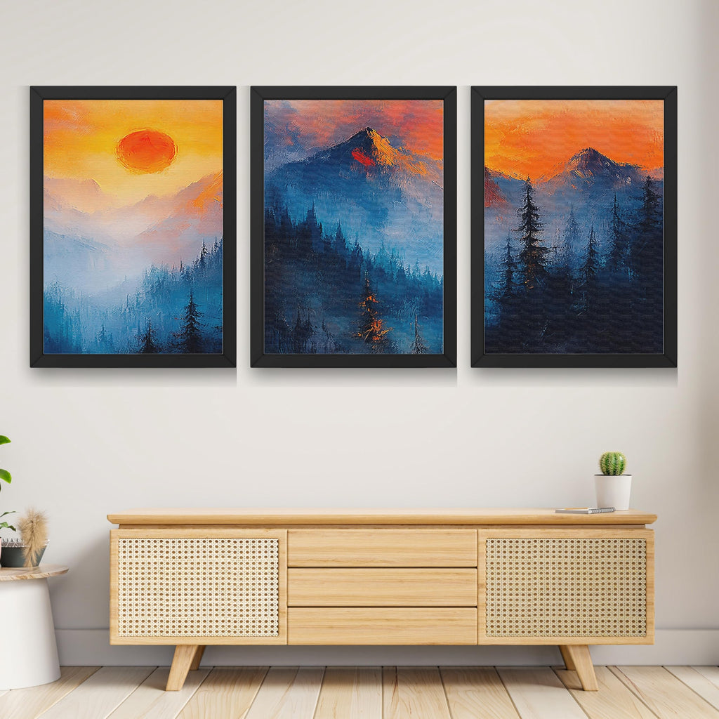 CRAFT QUEST Nature Inspired Landscape With Trees & Mountains Wall Art | Set of 3 Frames for Home Decoration | Ideal for Living Room, Bedroom & Offices