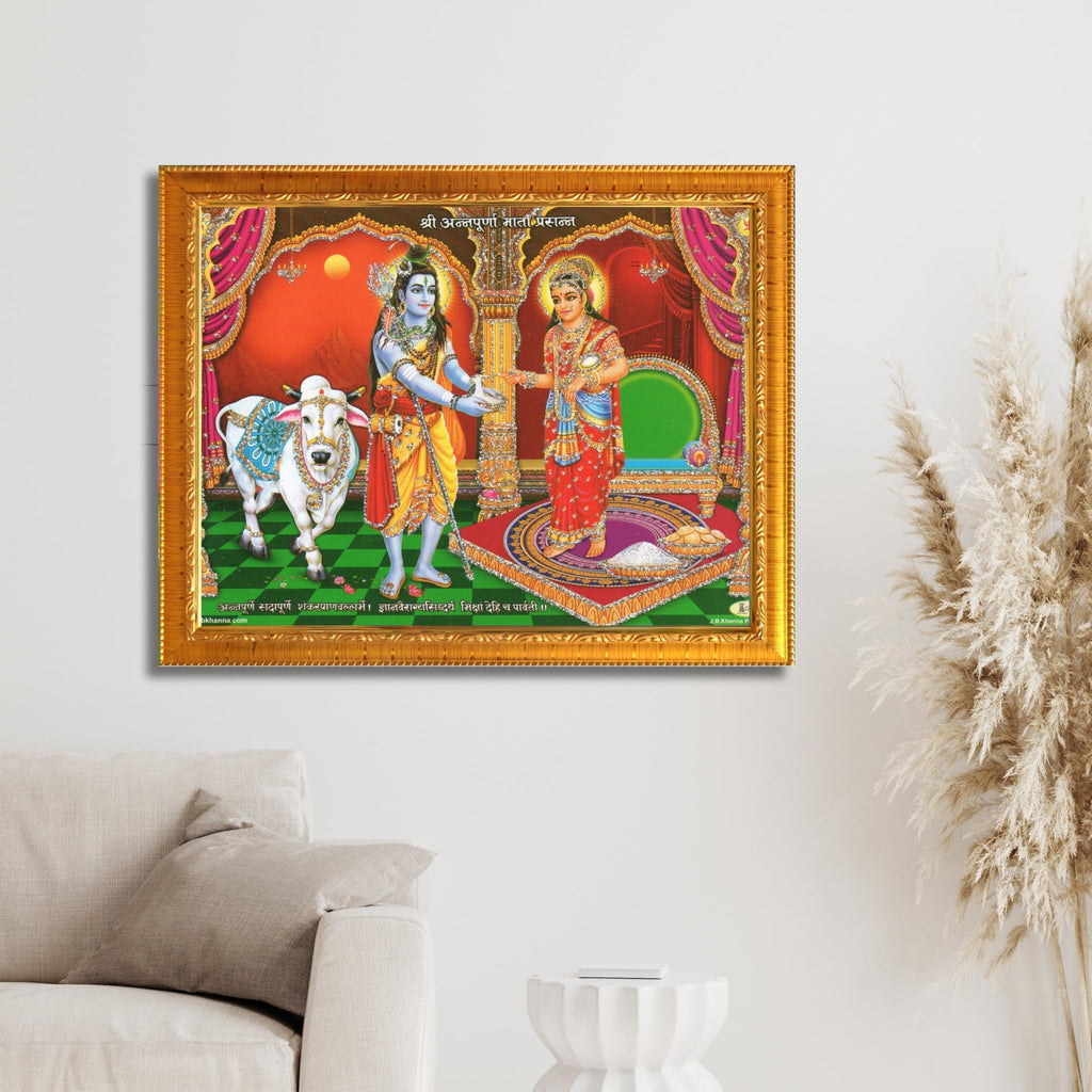 CRAFT QUEST Shiva & Maa Annapurna devi sitting on throne photo frame with Acrylic Glass for Kitchen Worship
