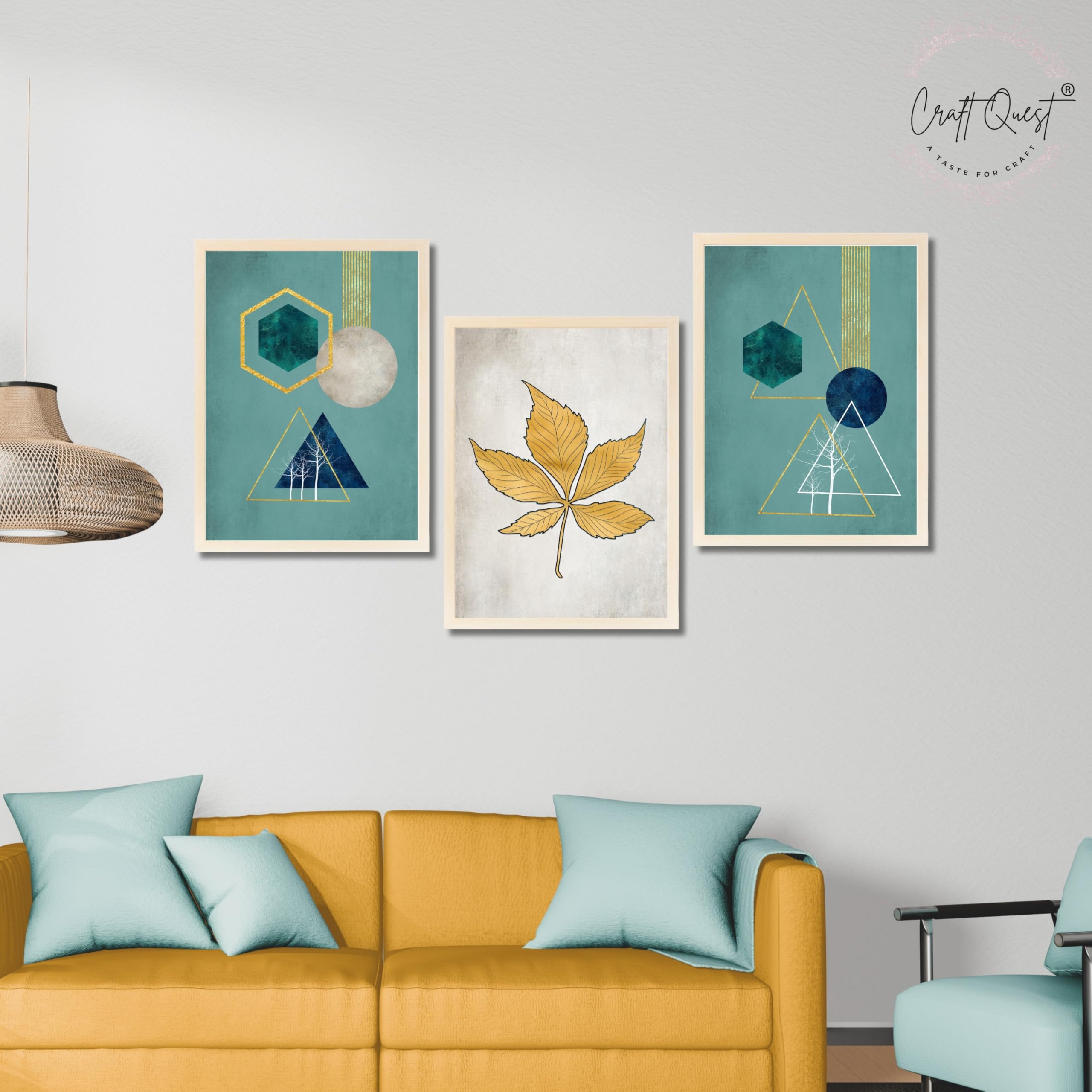 CRAFT QUEST Modern Art Shapes & Leaf Abstract | Set of 3 Frames for Home Decoration | Ideal for Living Room, Bedroom & Offices