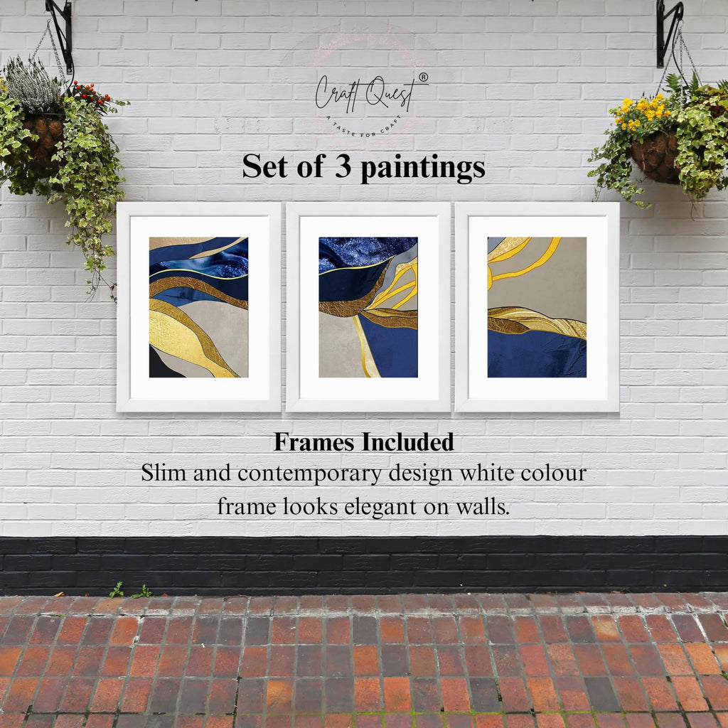 CRAFT QUEST Abstract Blue & Gold Artwork | Set of 3 Frames for Home Decoration | Ideal for Living Room, Bedroom & Offices
