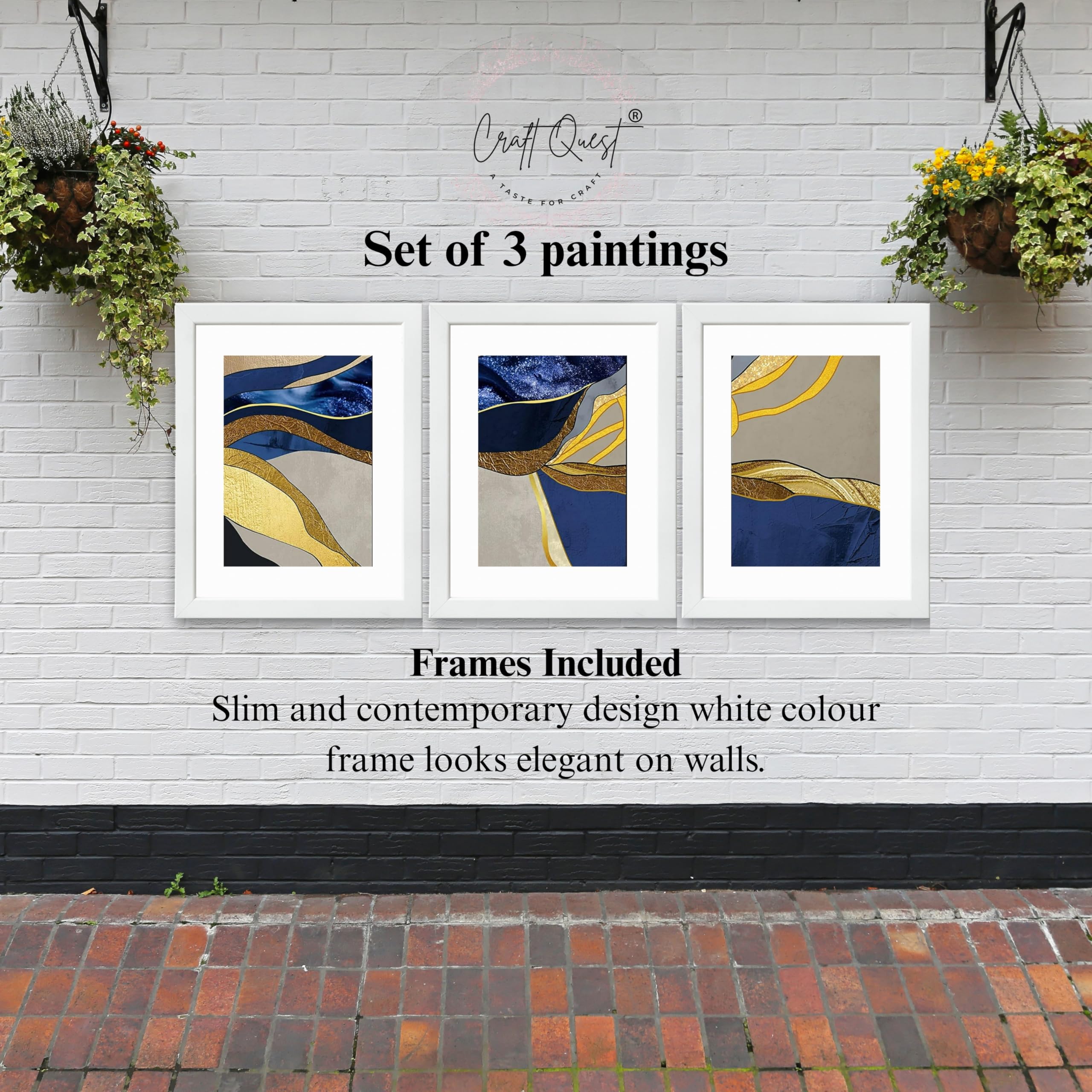 CRAFT QUEST Abstract Blue & Gold Artwork | Set of 3 Frames for Home Decoration | Ideal for Living Room, Bedroom & Offices