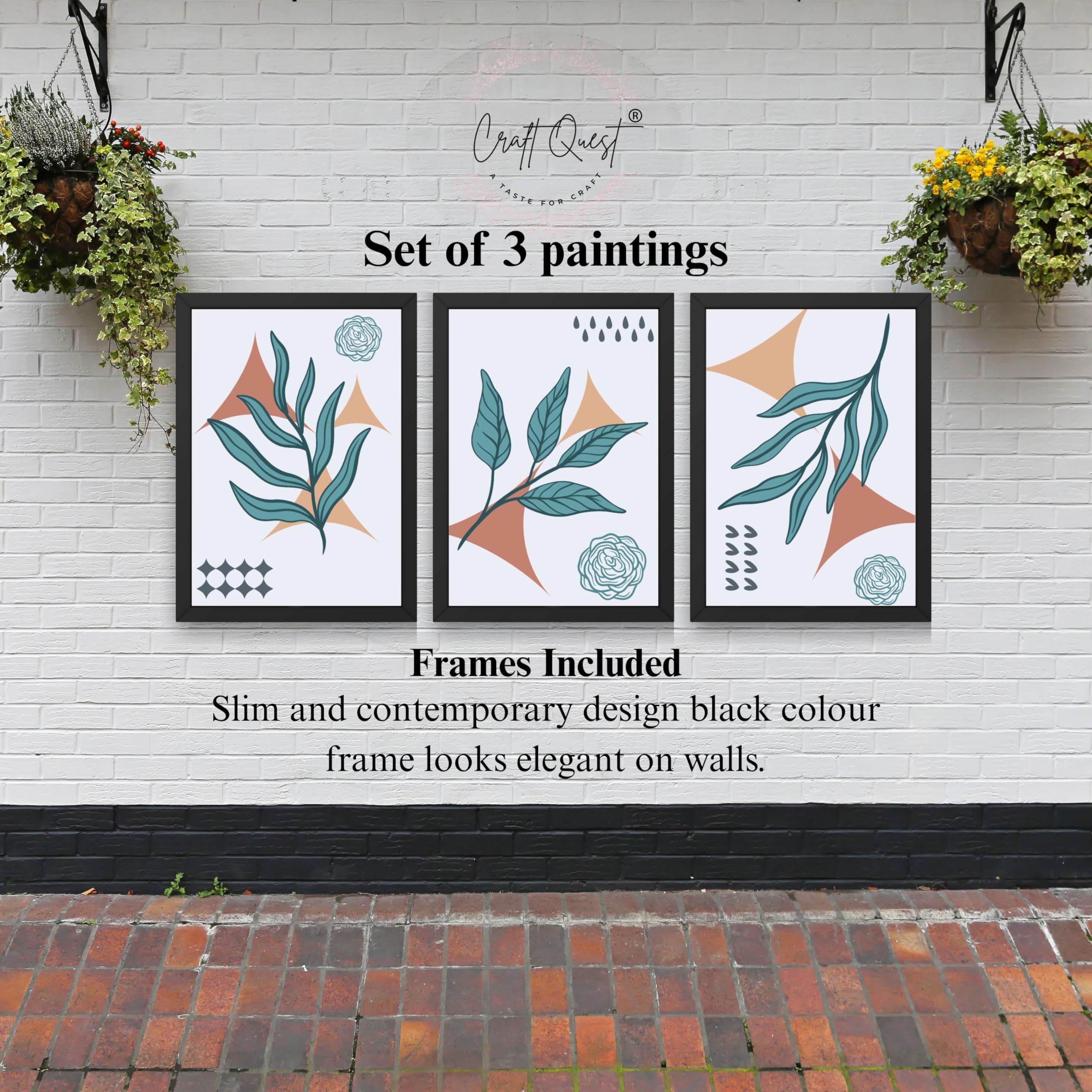 CRAFT QUEST Nature Inspired Botanical Wall Art Abstract Leaves Wall Art | Set of 3 Frames for Home Decoration | Ideal for Living Room, Bedroom & Office