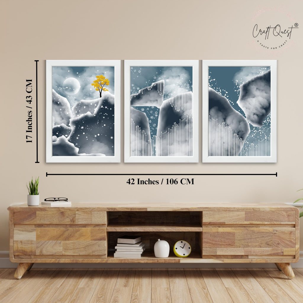 CRAFT QUEST Modern Art Abstract Blue Landscape Wall Art | Set of 3 Frames for Home Decoration | Ideal for Living Room, Bedroom & Offices